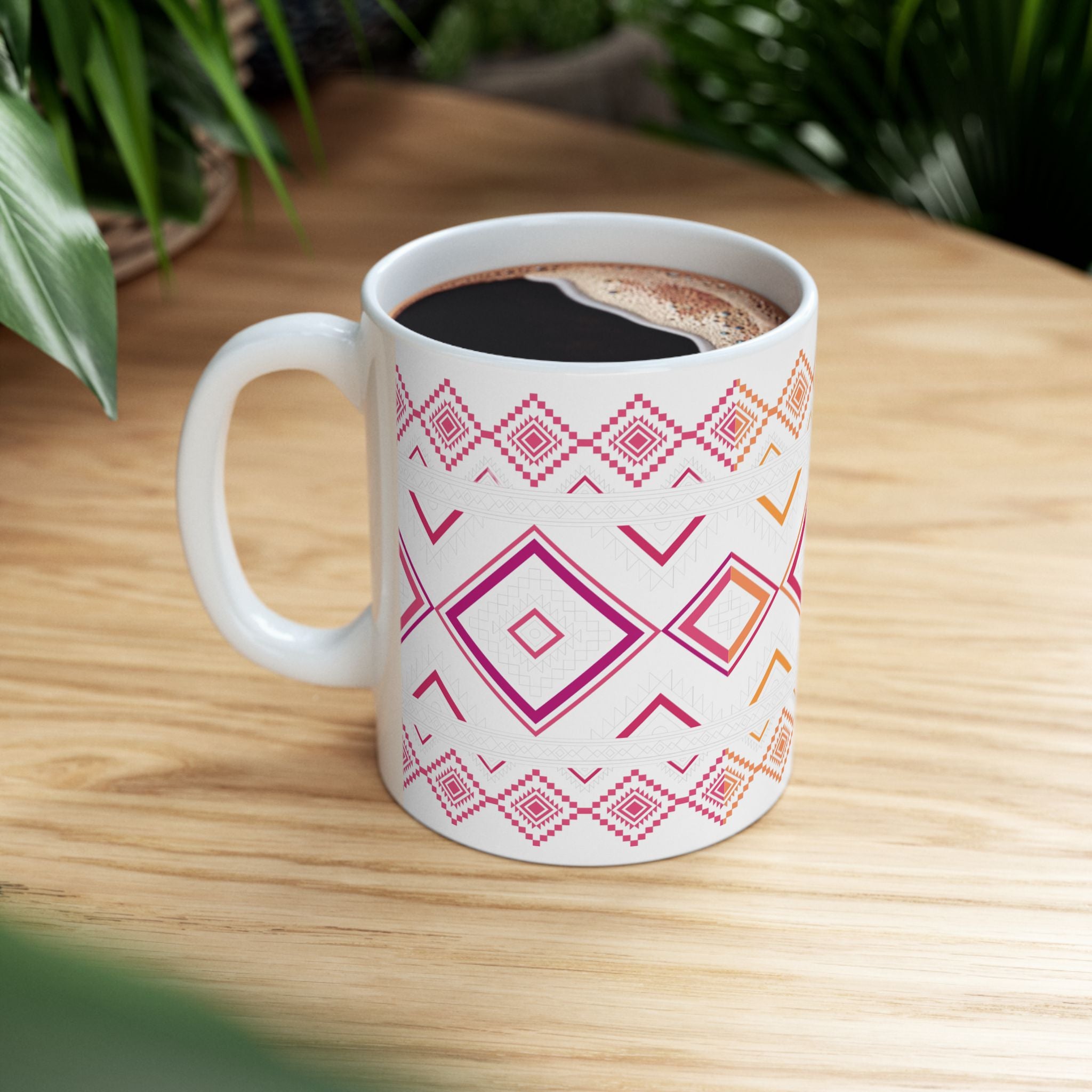Boho Geo Pattern Ceramic Mug — Pink & Orange Tribal 11oz/15oz