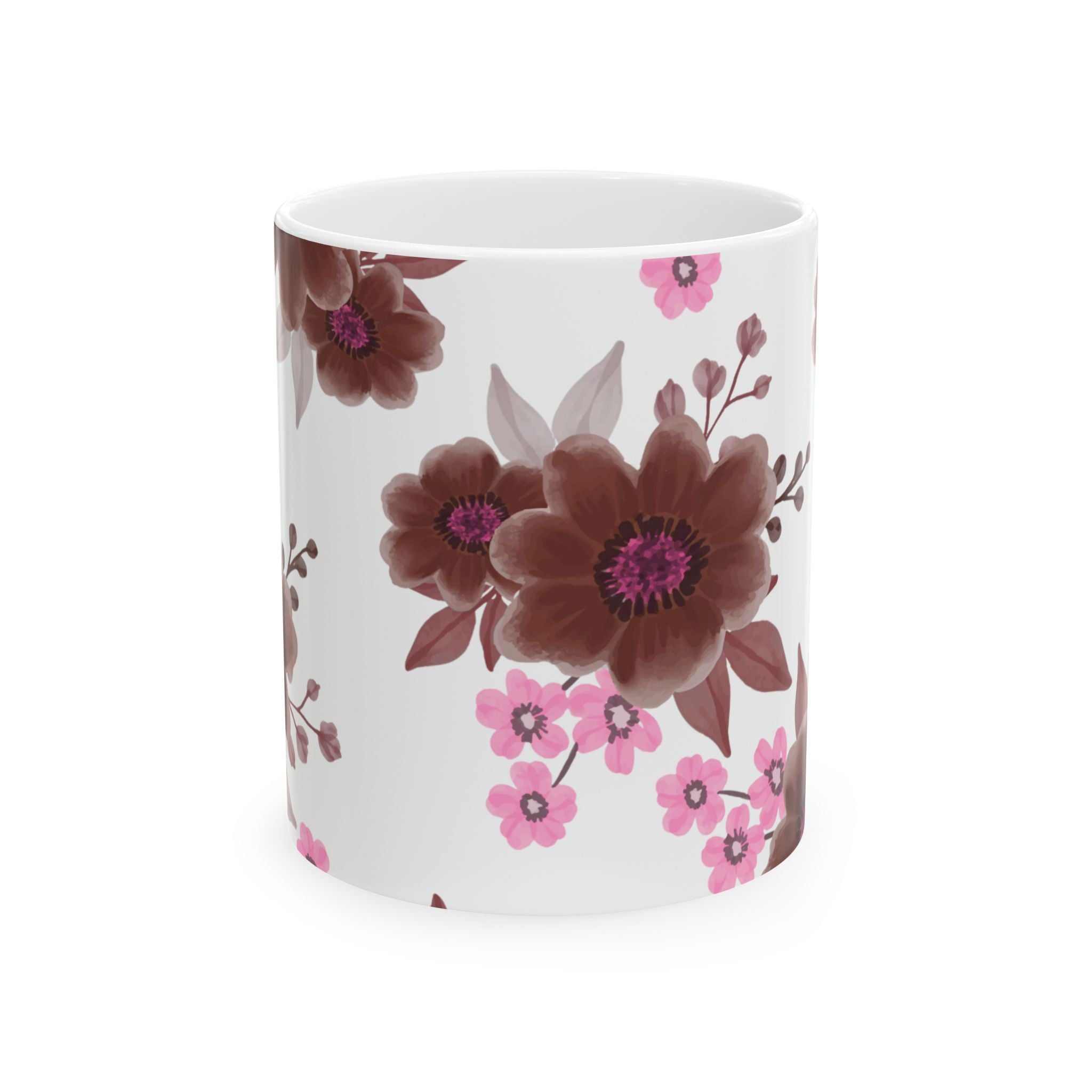 Floral Ceramic Mug — Pink & Brown Vintage Flower Coffee Cup (11oz, 15oz)
