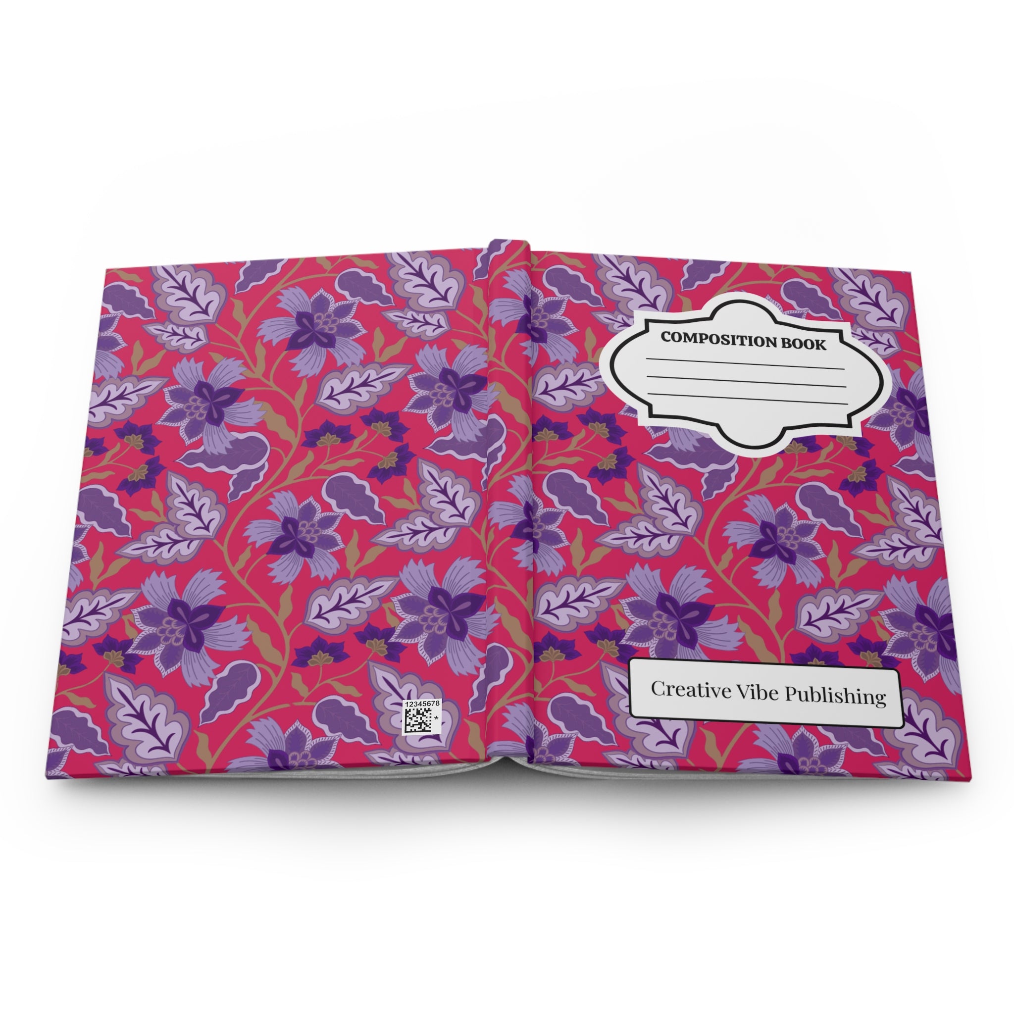 Composition Book Hardcover Journal — Floral Pink & Purple Pattern, Lined Notebook for School, Notes & Journaling