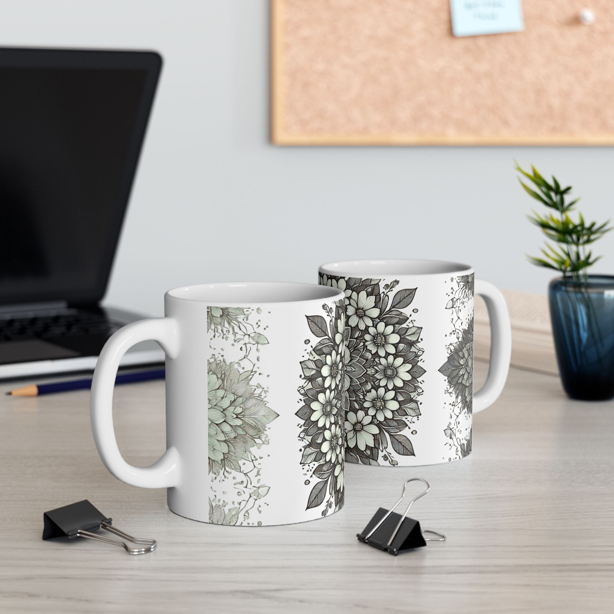 Floral Mandala Ceramic Mug — Green Succulent Pattern (11oz & 15oz)