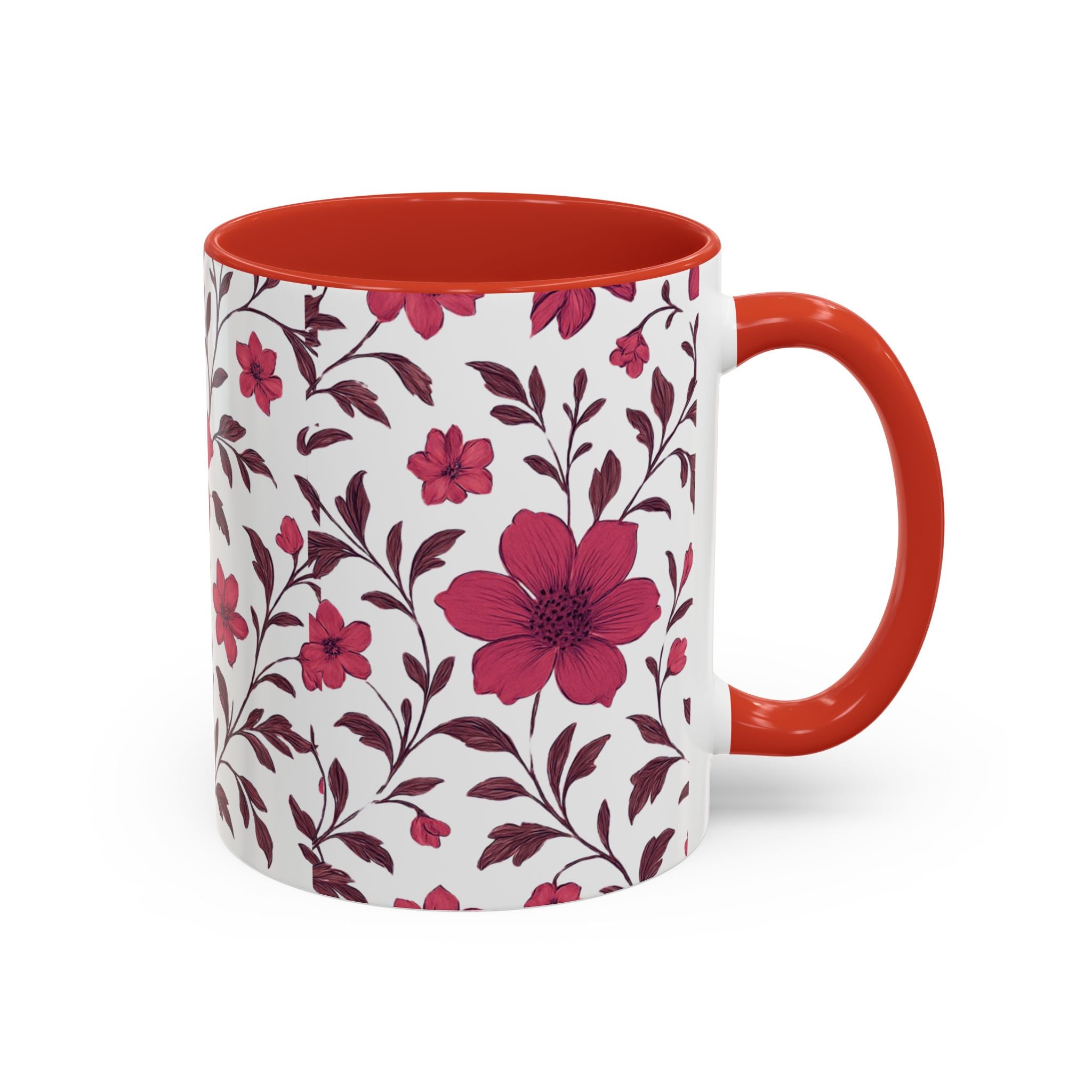 Floral Burgundy Accent Coffee Mug — Pink Blossom Pattern, 11/15oz