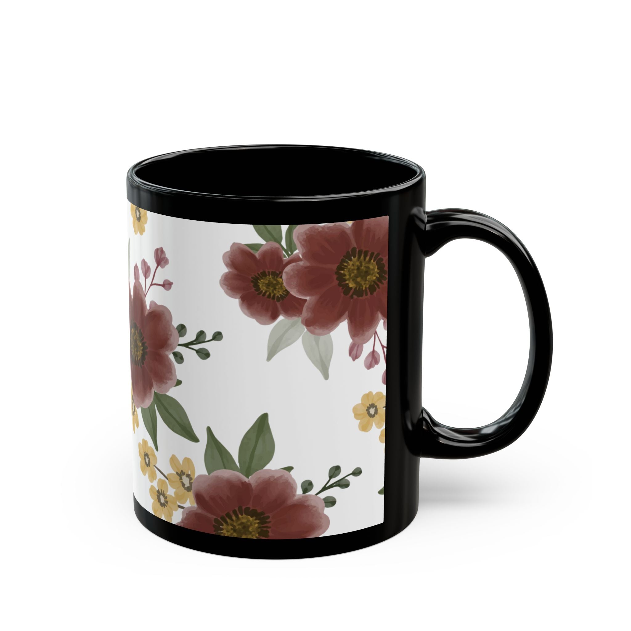 Floral Pattern Black Mug – Pink & Yellow Garden Flowers (11oz/15oz)