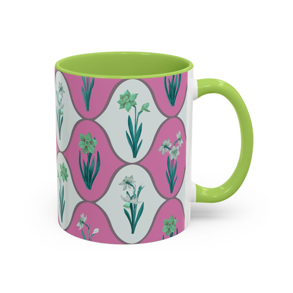 Floral Wave Accent Coffee Mug – Pink Retro Daffodil Pattern (11/15oz)