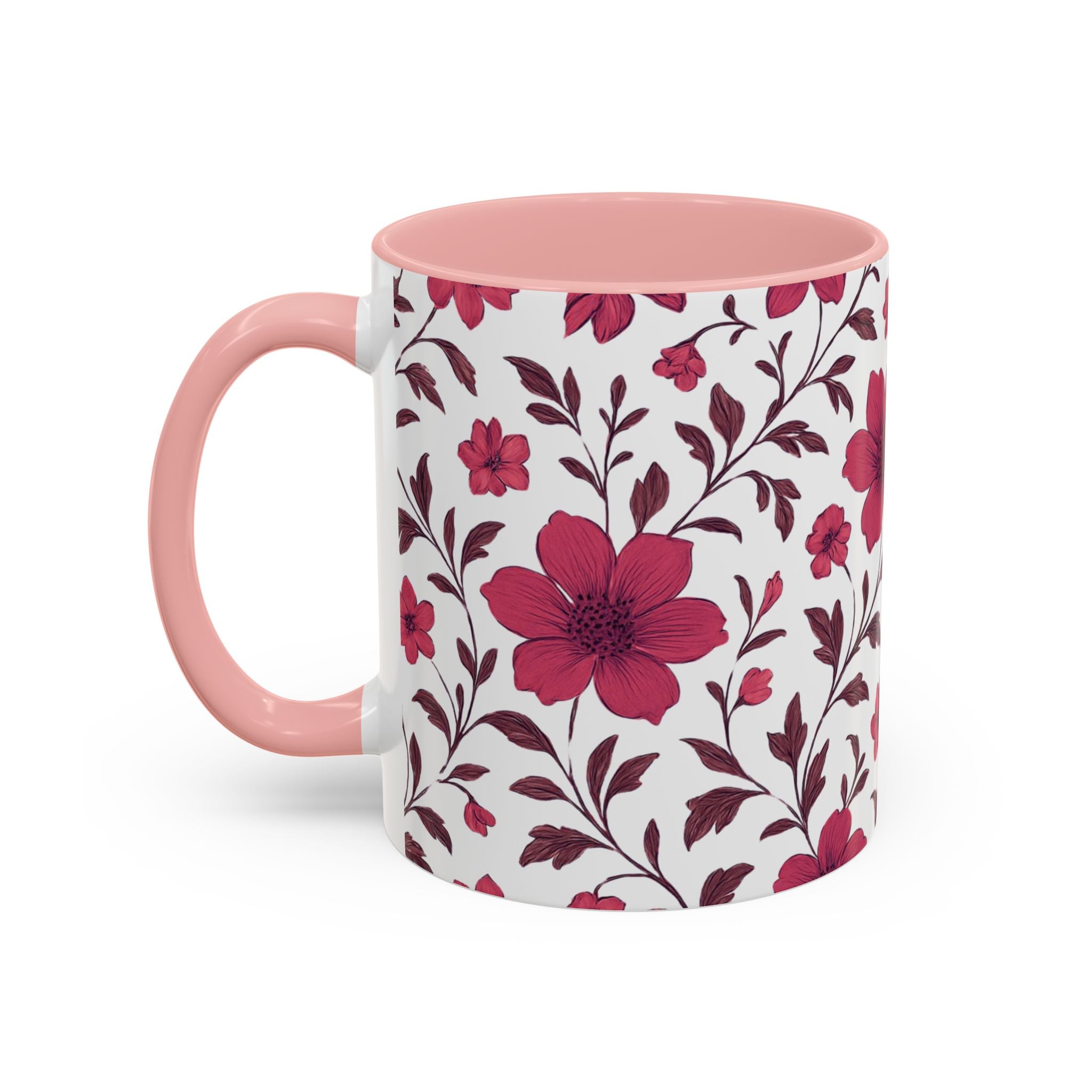 Floral Burgundy Accent Coffee Mug — Pink Blossom Pattern, 11/15oz
