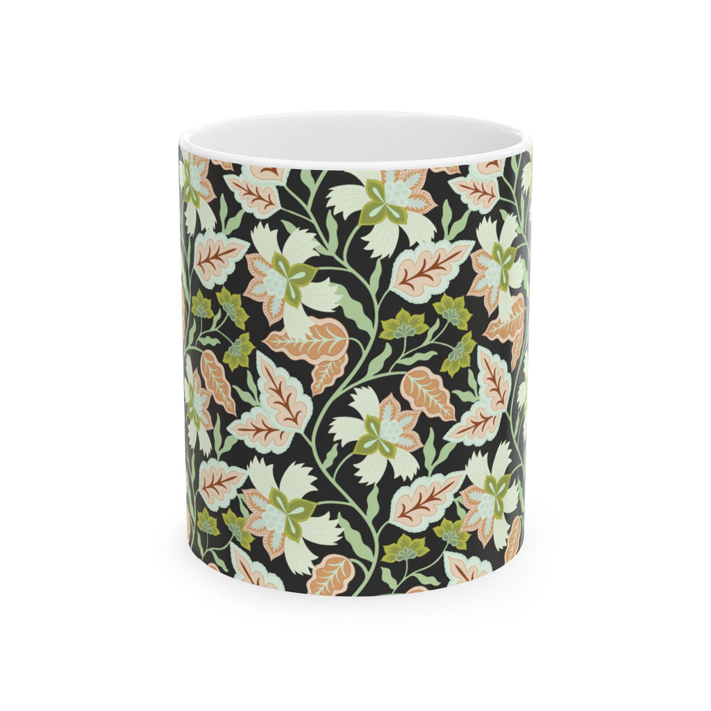 Floral Vine Ceramic Mug — Black Background Vintage Botanical Coffee Cup (11oz, 15oz)