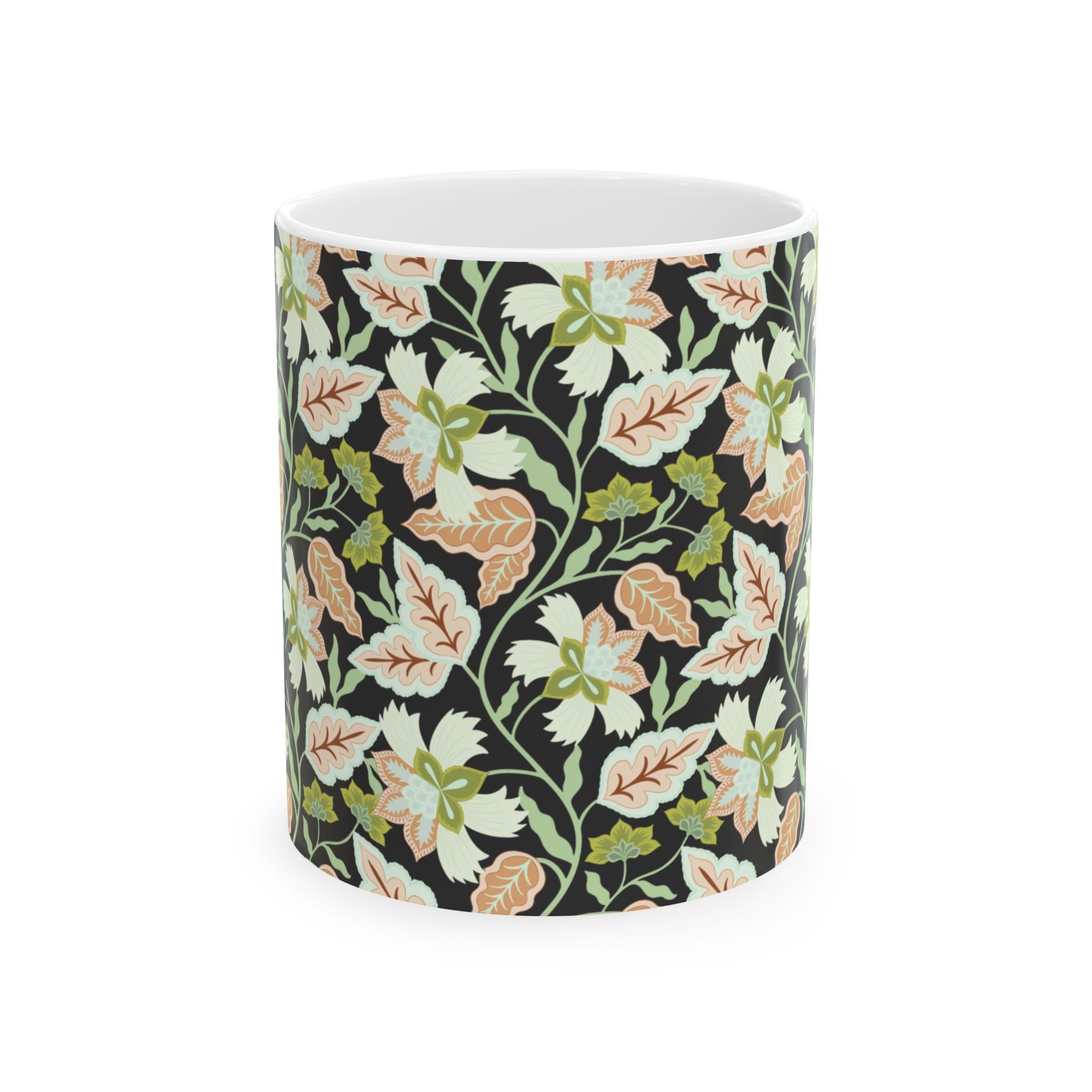 Floral Vine Ceramic Mug — Black Background Vintage Botanical Coffee Cup (11oz, 15oz)