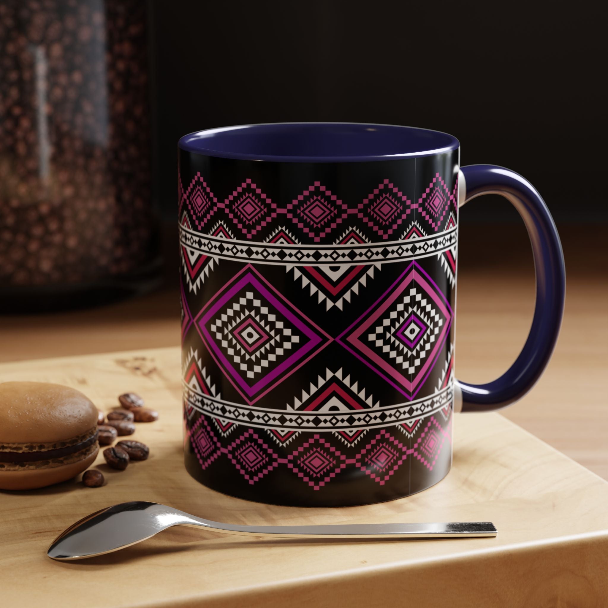 Geometric Aztec Accent Coffee Mug — Pink & Black Tribal Pattern (11/15oz)