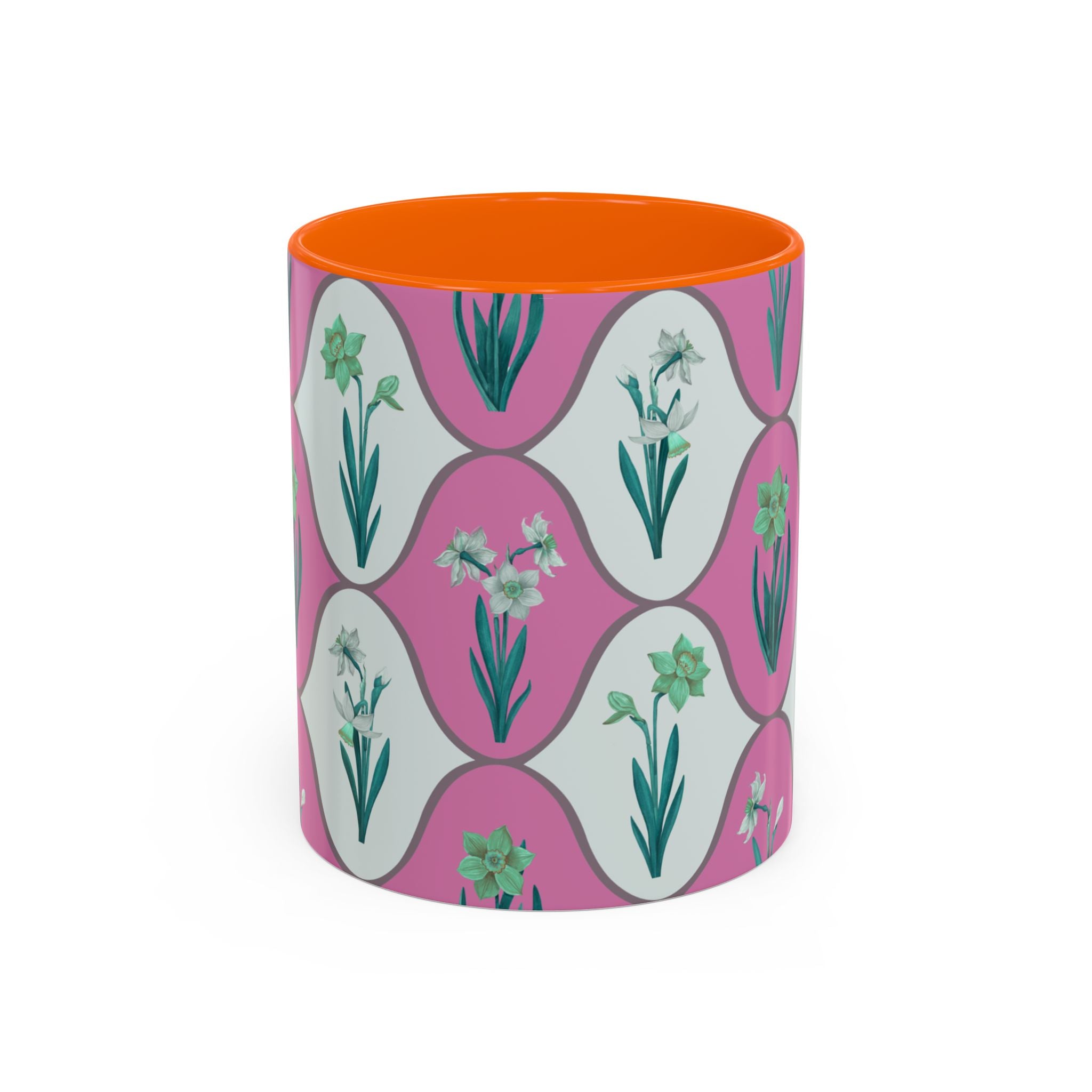 Floral Wave Accent Coffee Mug – Pink Retro Daffodil Pattern (11/15oz)