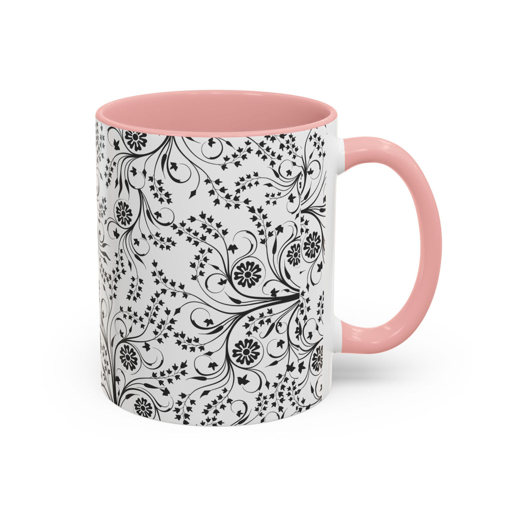 Black Floral Accent Coffee Mug — Elegant Swirl Pattern (11/15oz)