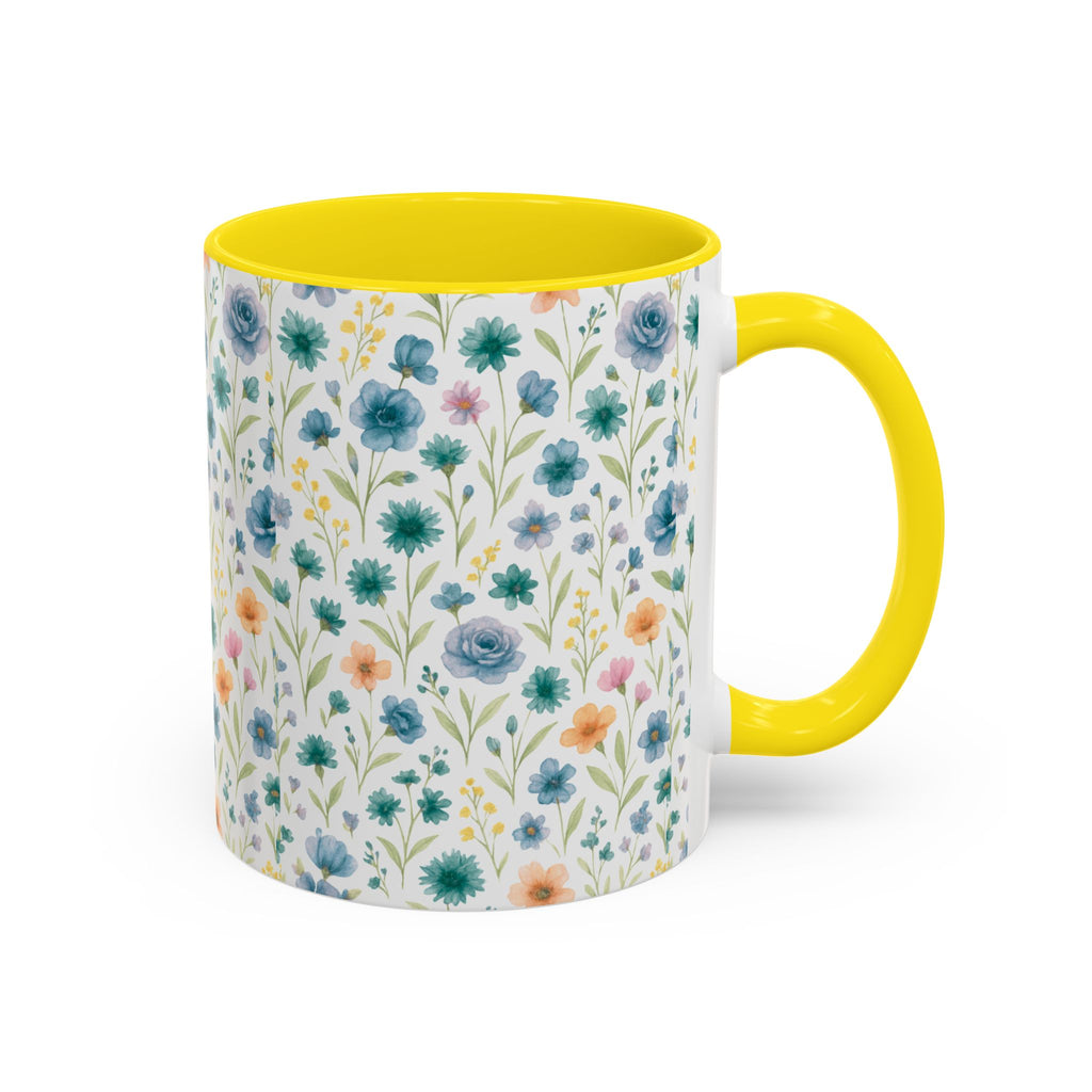 Floral Watercolor Accent Coffee Mug — Blue & Peach Wildflower Pattern (11/15oz)