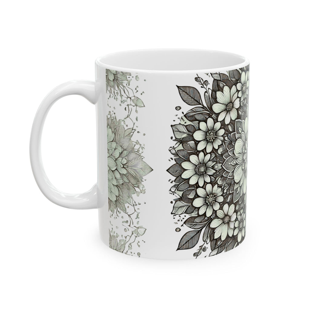 Floral Mandala Ceramic Mug — Green Succulent Pattern (11oz & 15oz)