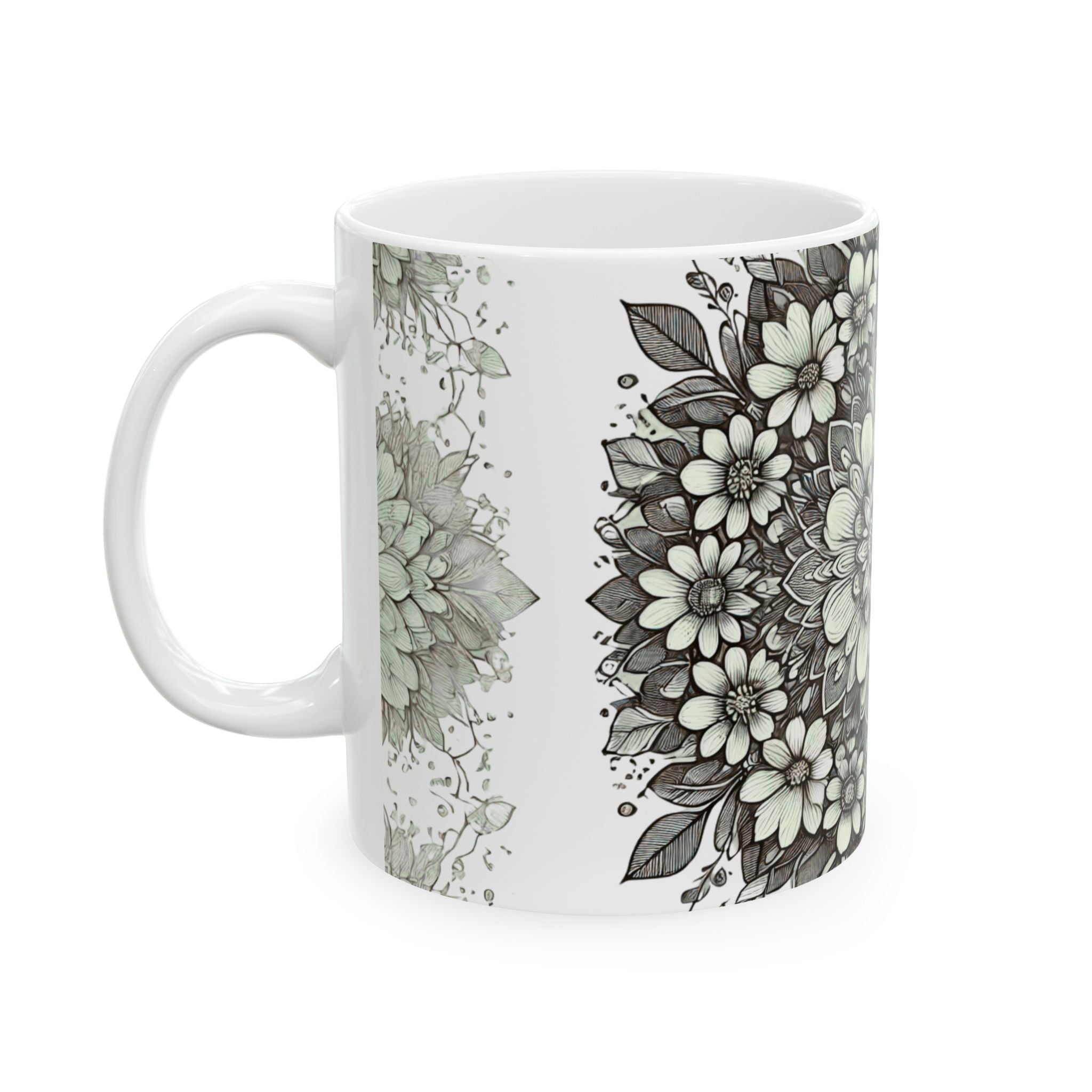 Floral Mandala Ceramic Mug — Green Succulent Pattern (11oz & 15oz)