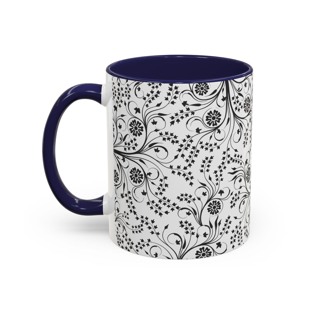 Black Floral Accent Coffee Mug — Elegant Swirl Pattern (11/15oz)