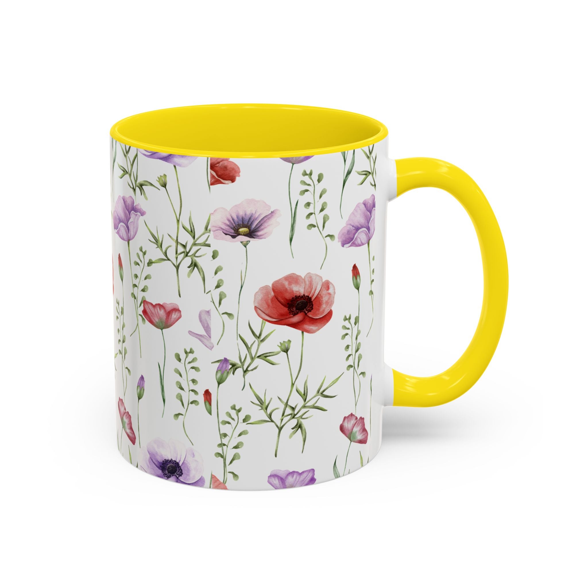 Floral Watercolor Accent Coffee Mug — Poppy & Wildflower Pattern (11/15oz)