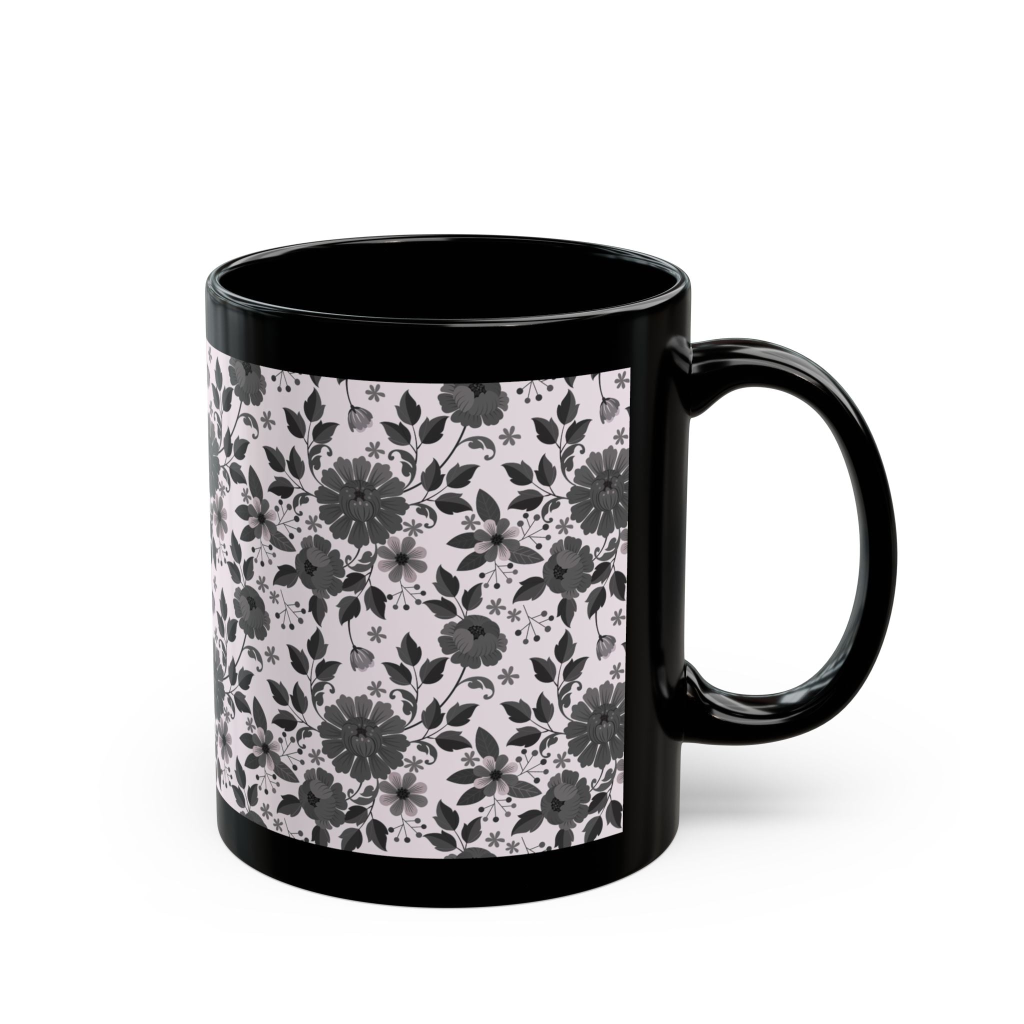 Black Floral Pattern Mug – Monochrome Rose Coffee Cup (11oz/15oz)