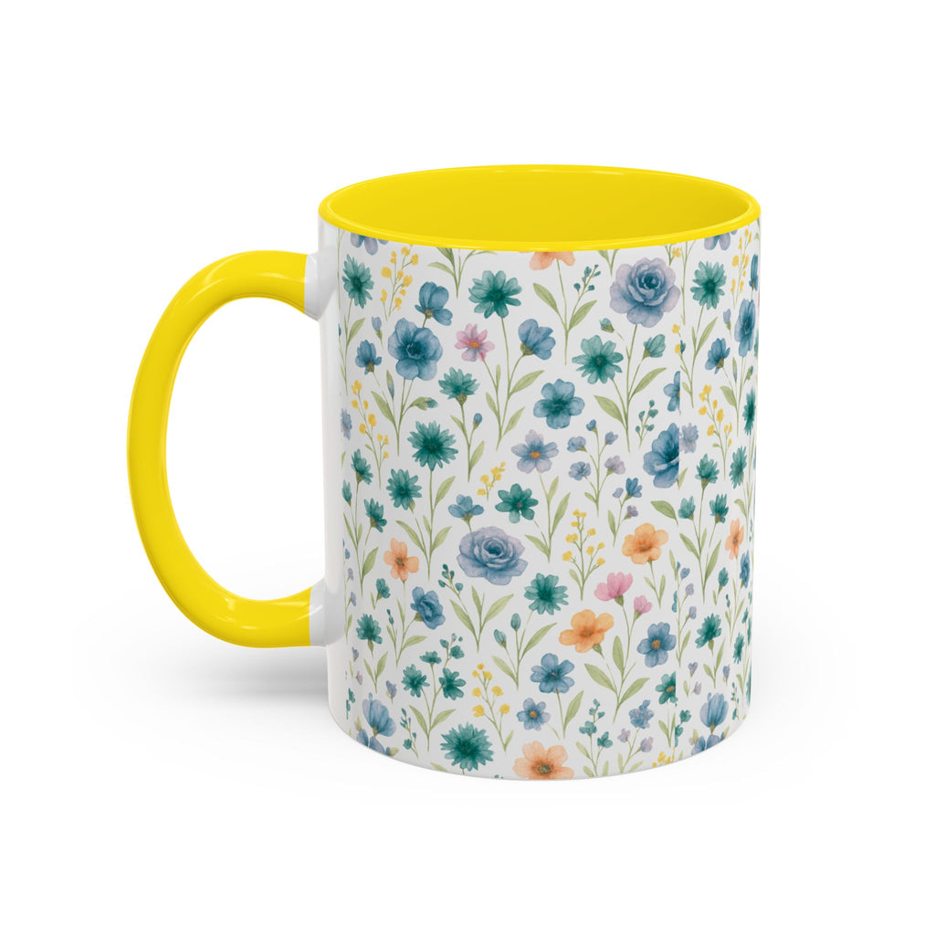 Floral Watercolor Accent Coffee Mug — Blue & Peach Wildflower Pattern (11/15oz)