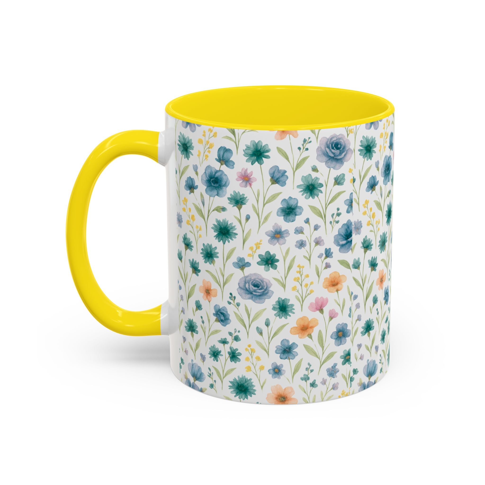 Floral Watercolor Accent Coffee Mug — Blue & Peach Wildflower Pattern (11/15oz)