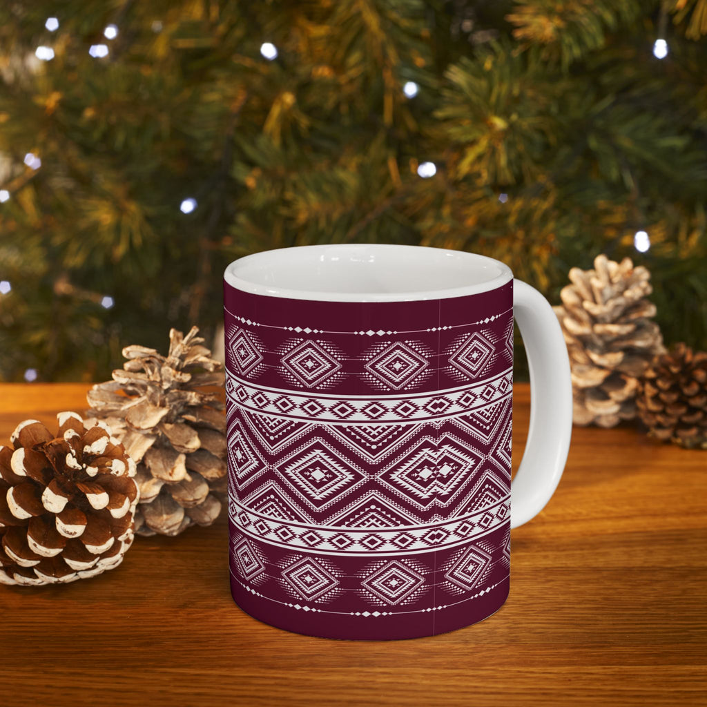 Maroon Aztec Pattern Ceramic Mug – Geometric Tribal Coffee Cup (11oz/15oz)