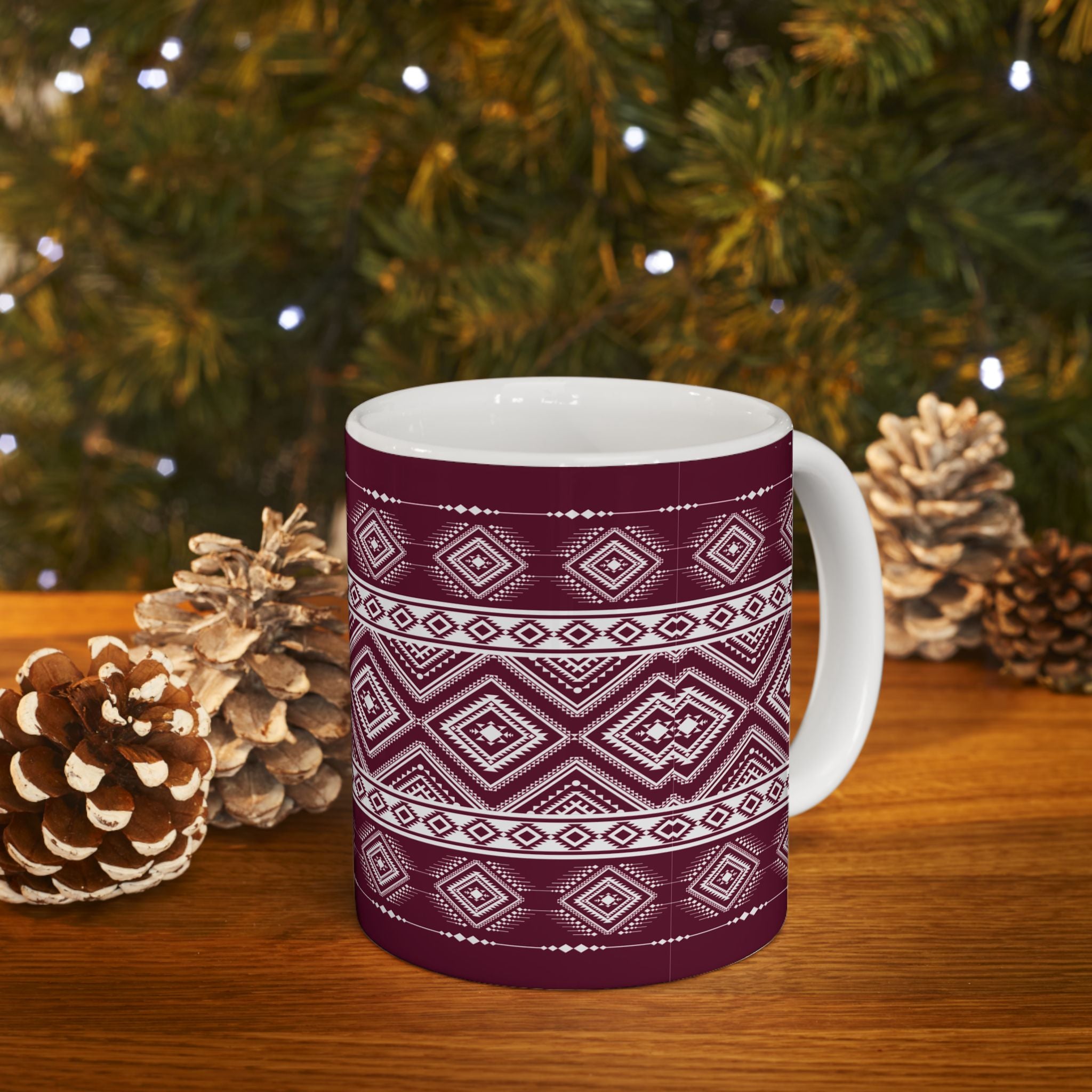 Maroon Aztec Pattern Ceramic Mug – Geometric Tribal Coffee Cup (11oz/15oz)