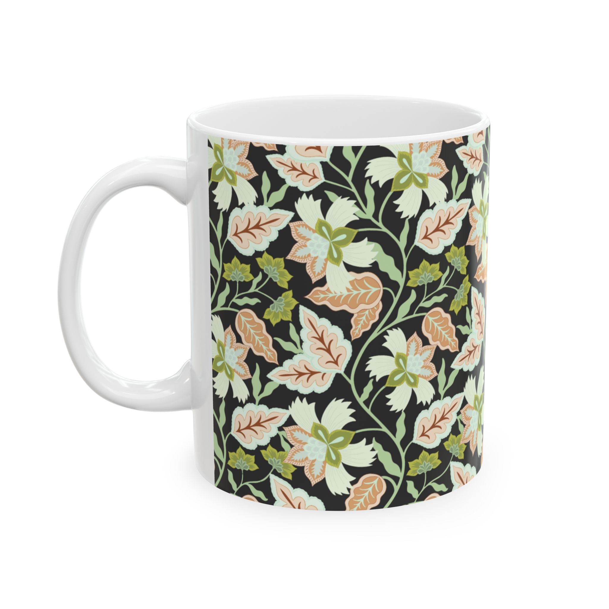 Floral Vine Ceramic Mug — Black Background Vintage Botanical Coffee Cup (11oz, 15oz)