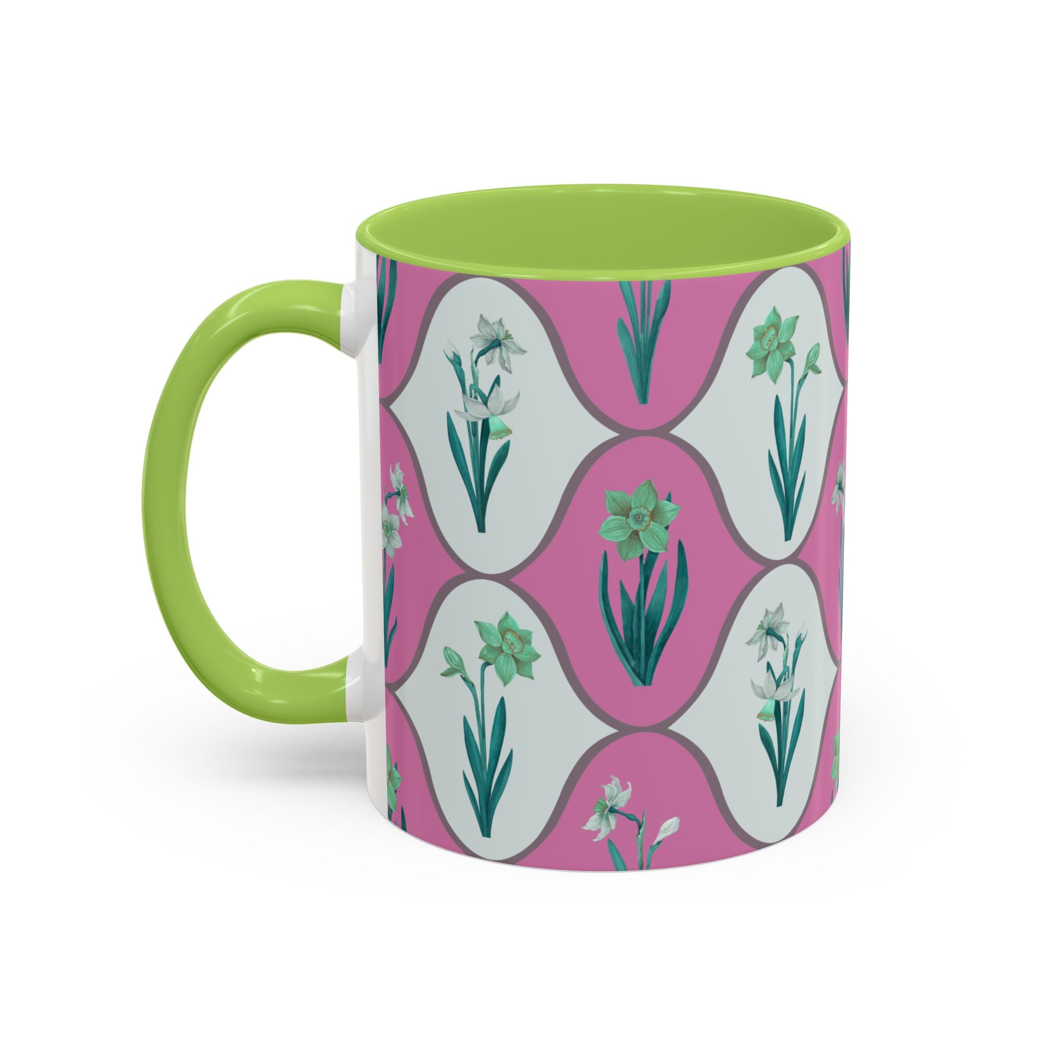 Floral Wave Accent Coffee Mug – Pink Retro Daffodil Pattern (11/15oz)