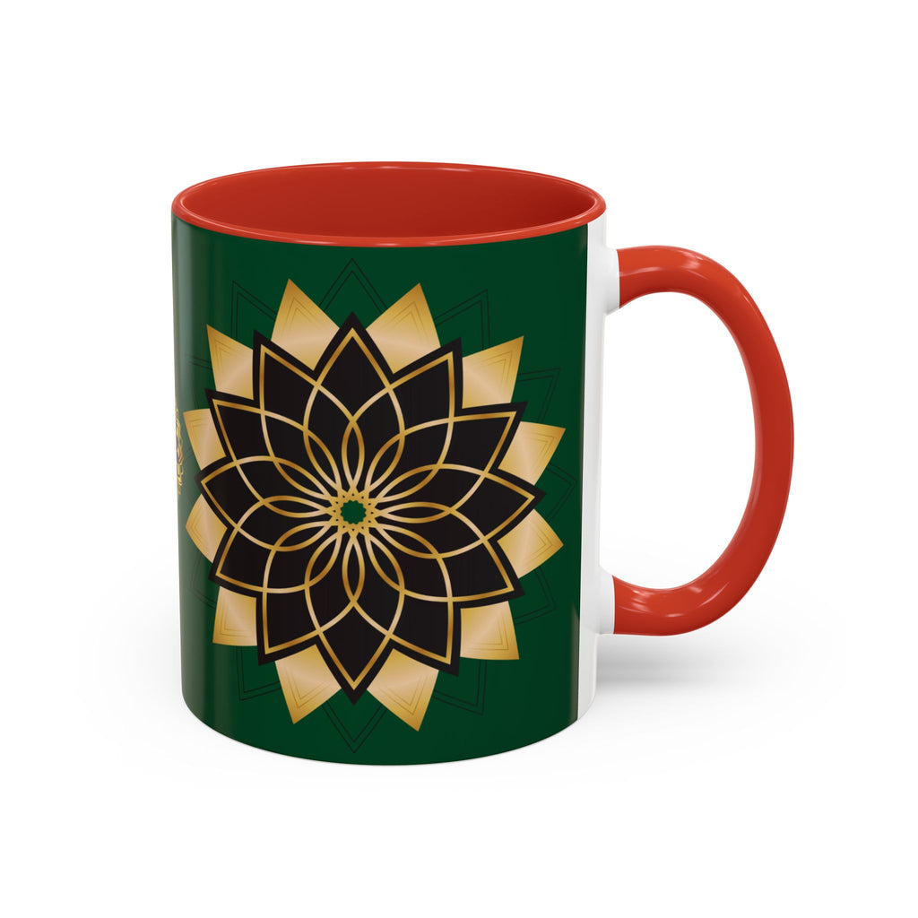 Gold Mandala Accent Coffee Mug — Elegant Green & Black Ceramic 11/15oz