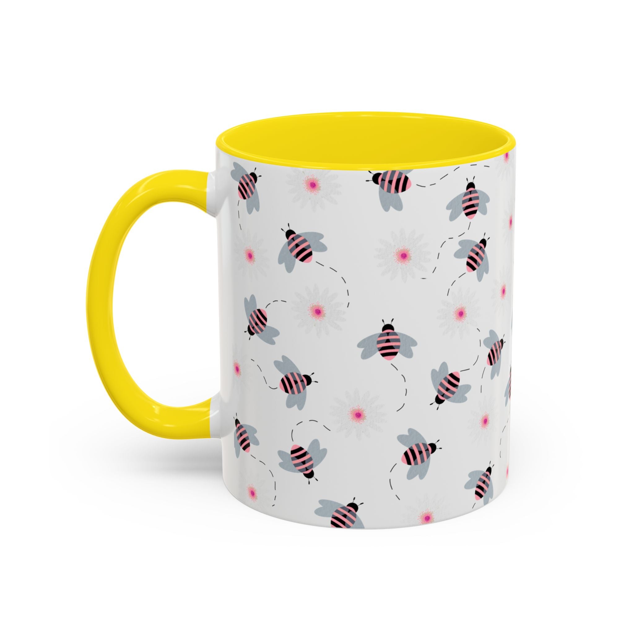 Bee Pattern Accent Coffee Mug — Cute Floral Honeybee Design, 11/15 oz
