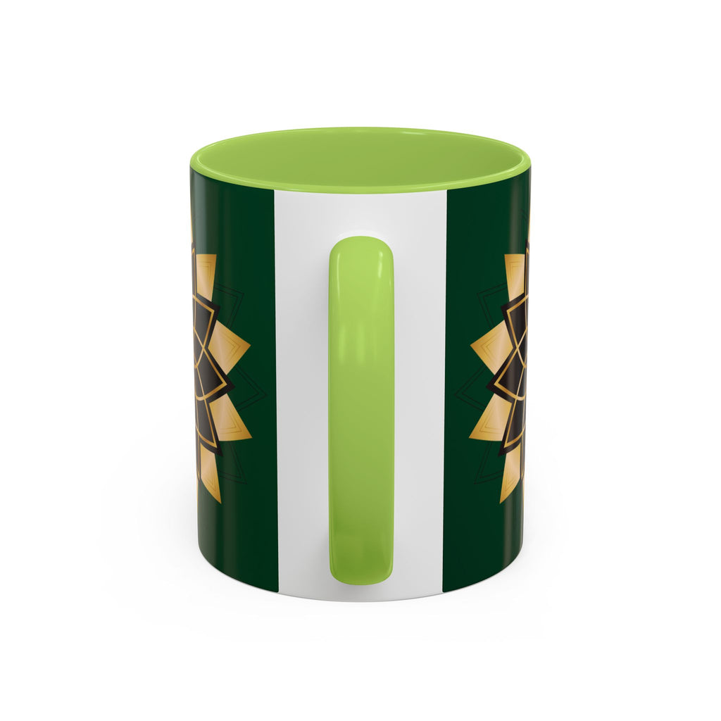 Gold Mandala Accent Coffee Mug — Elegant Green & Black Ceramic 11/15oz