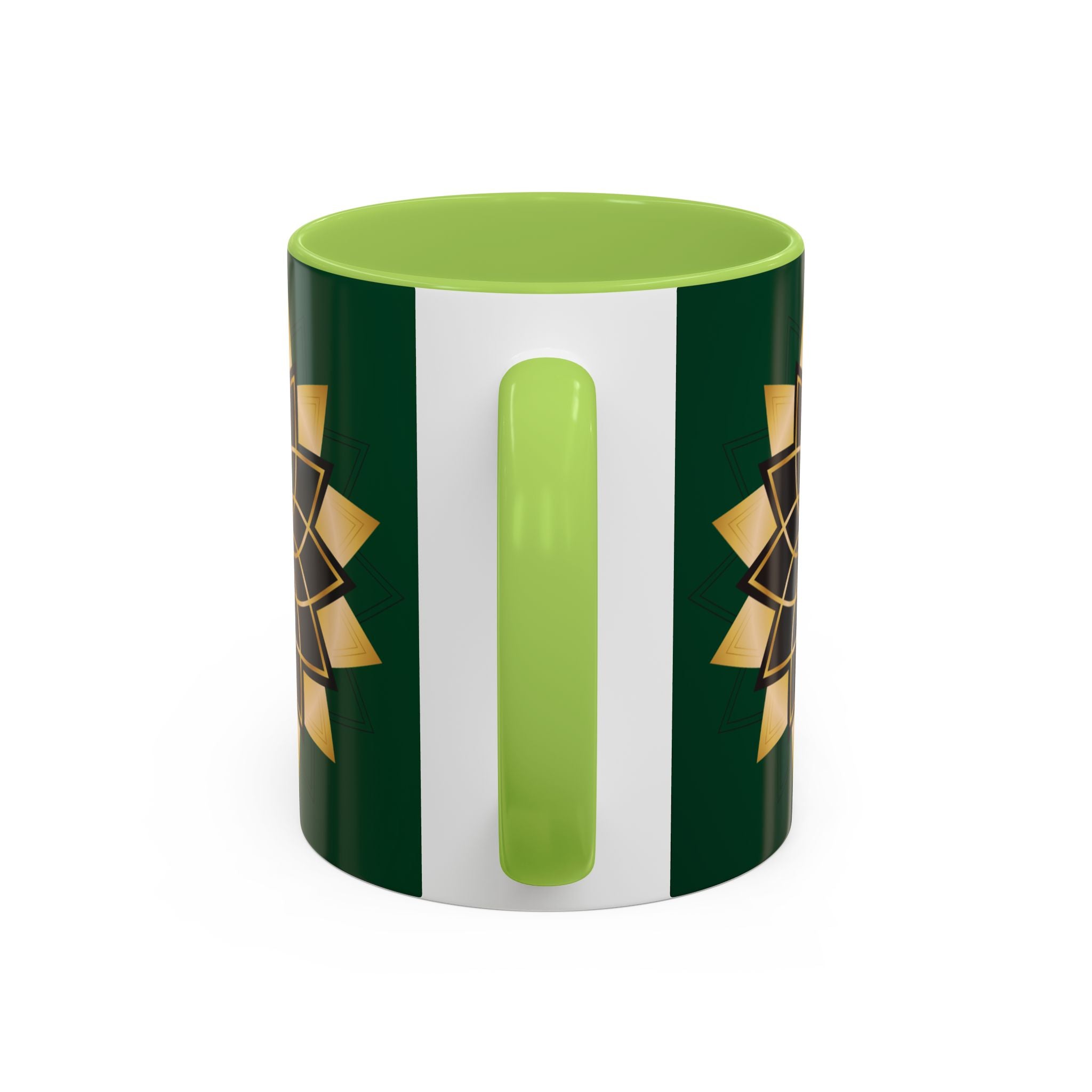 Gold Mandala Accent Coffee Mug — Elegant Green & Black Ceramic 11/15oz