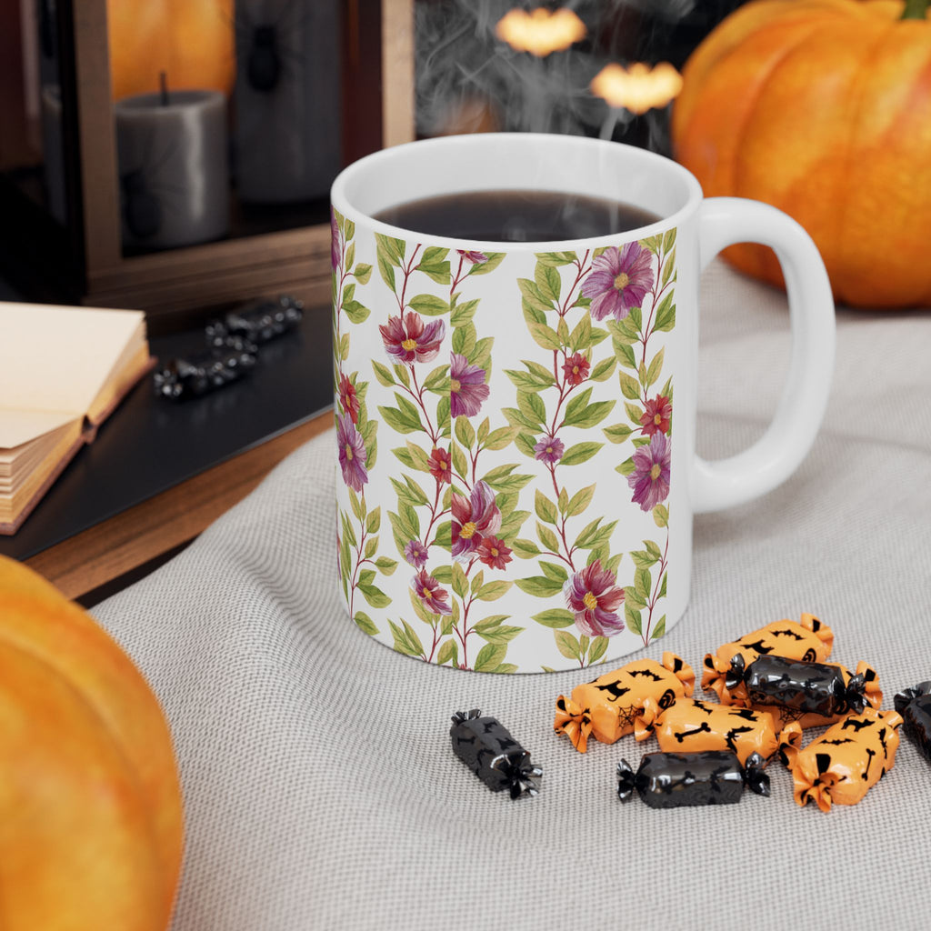 Floral Vine Ceramic Mug — Purple Garden Pattern (11oz & 15oz)