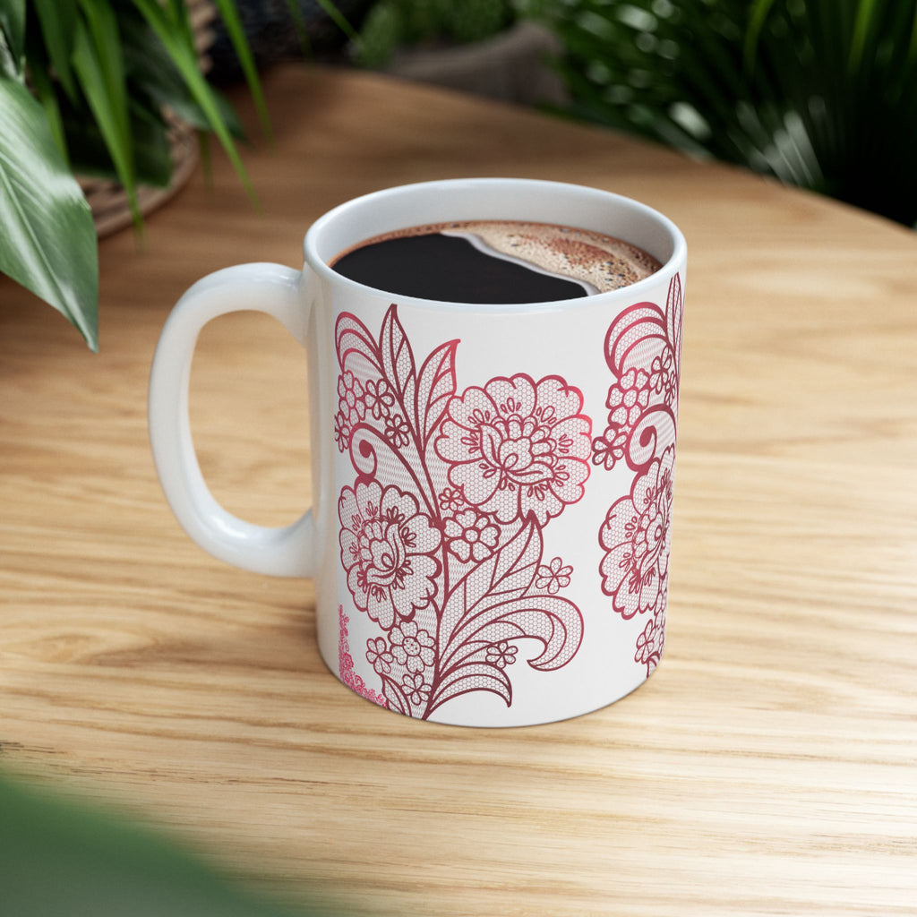 Floral Lace Red Ceramic Mug — Vintage Rose Pattern Coffee Cup (11oz & 15oz)