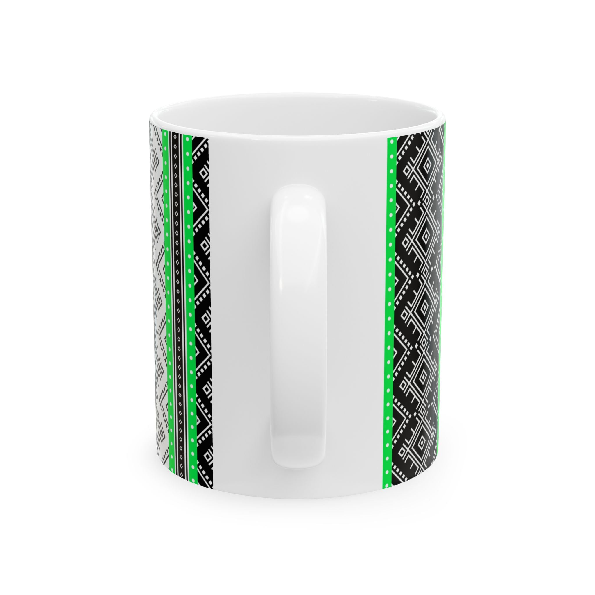 Ethnic Geometric Pattern Ceramic Mug — Black & Neon Green Tribal Stripe (11oz/15oz)