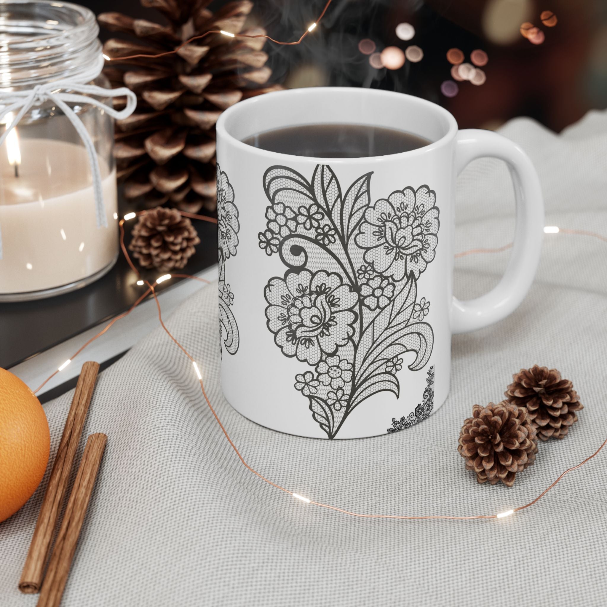 Floral Outline Ceramic Mug — Black & White Hand-Drawn Flower Pattern (11oz, 15oz)