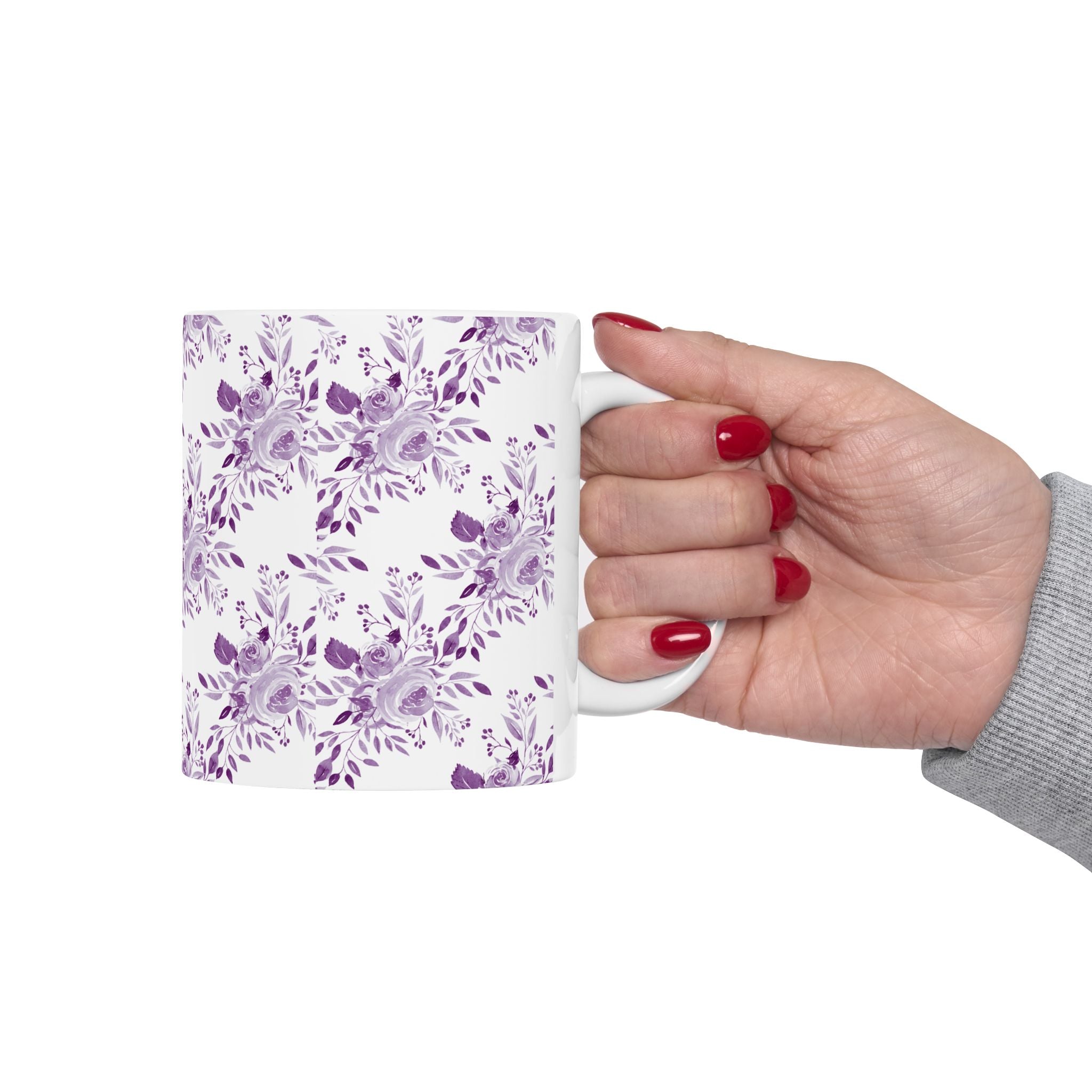 Purple Watercolor Floral Ceramic Mug — Lavender Rose Pattern (11oz & 15oz)