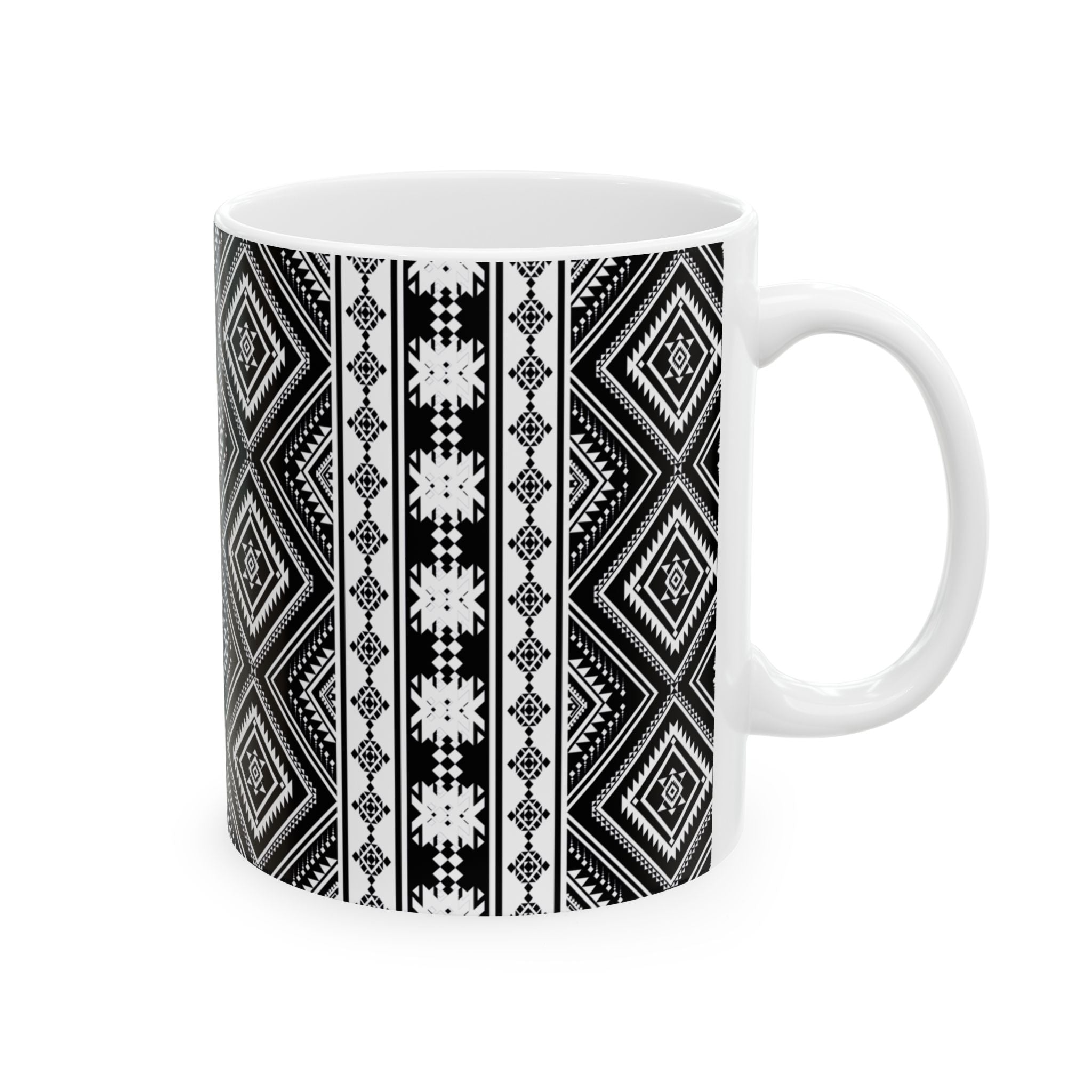 Black & White Aztec Pattern Ceramic Mug — Geometric Tribal Design (11oz/15oz)