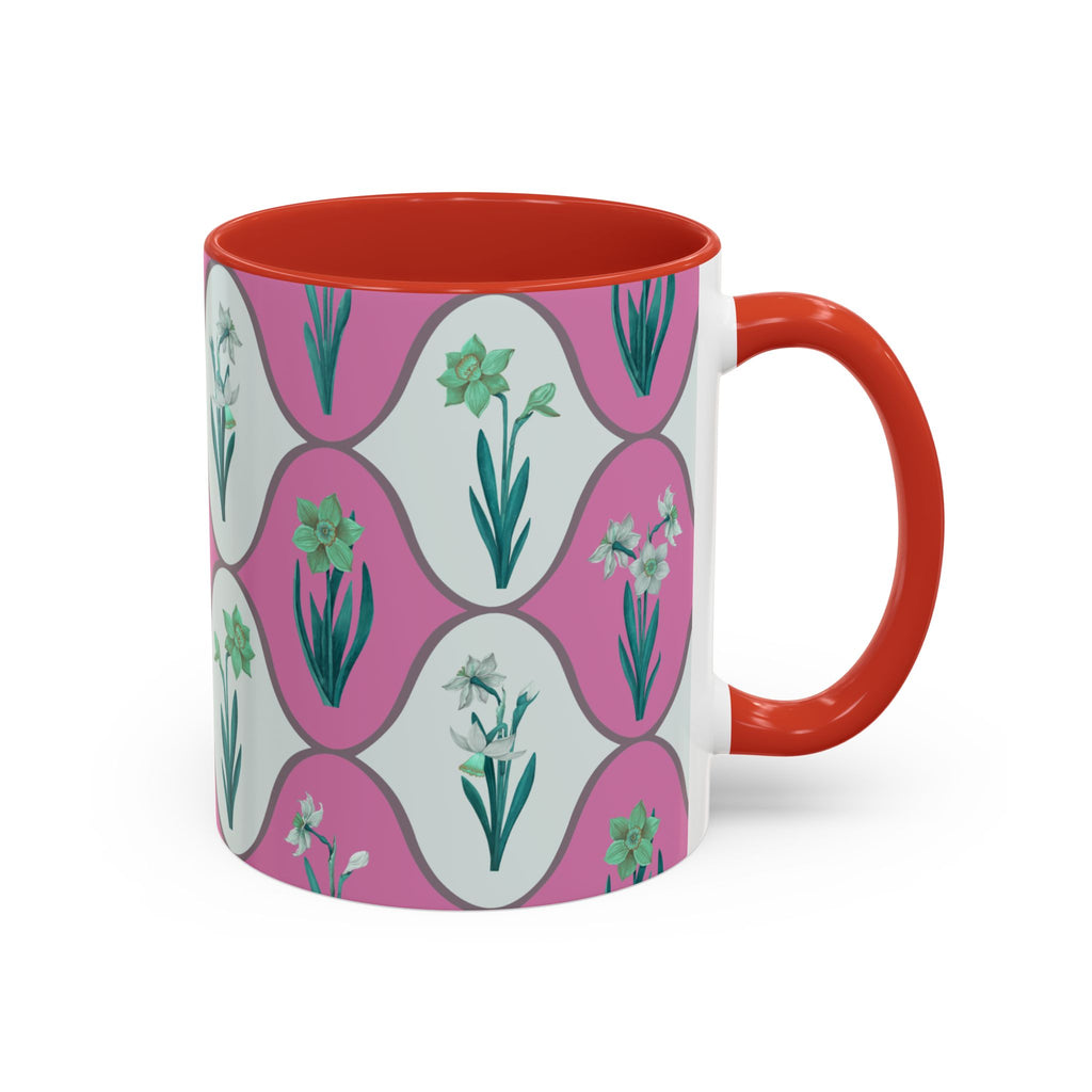 Floral Wave Accent Coffee Mug – Pink Retro Daffodil Pattern (11/15oz)