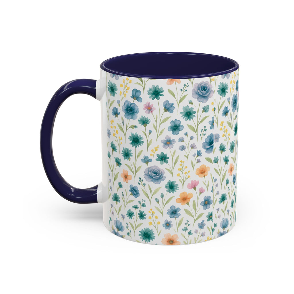 Floral Watercolor Accent Coffee Mug — Blue & Peach Wildflower Pattern (11/15oz)