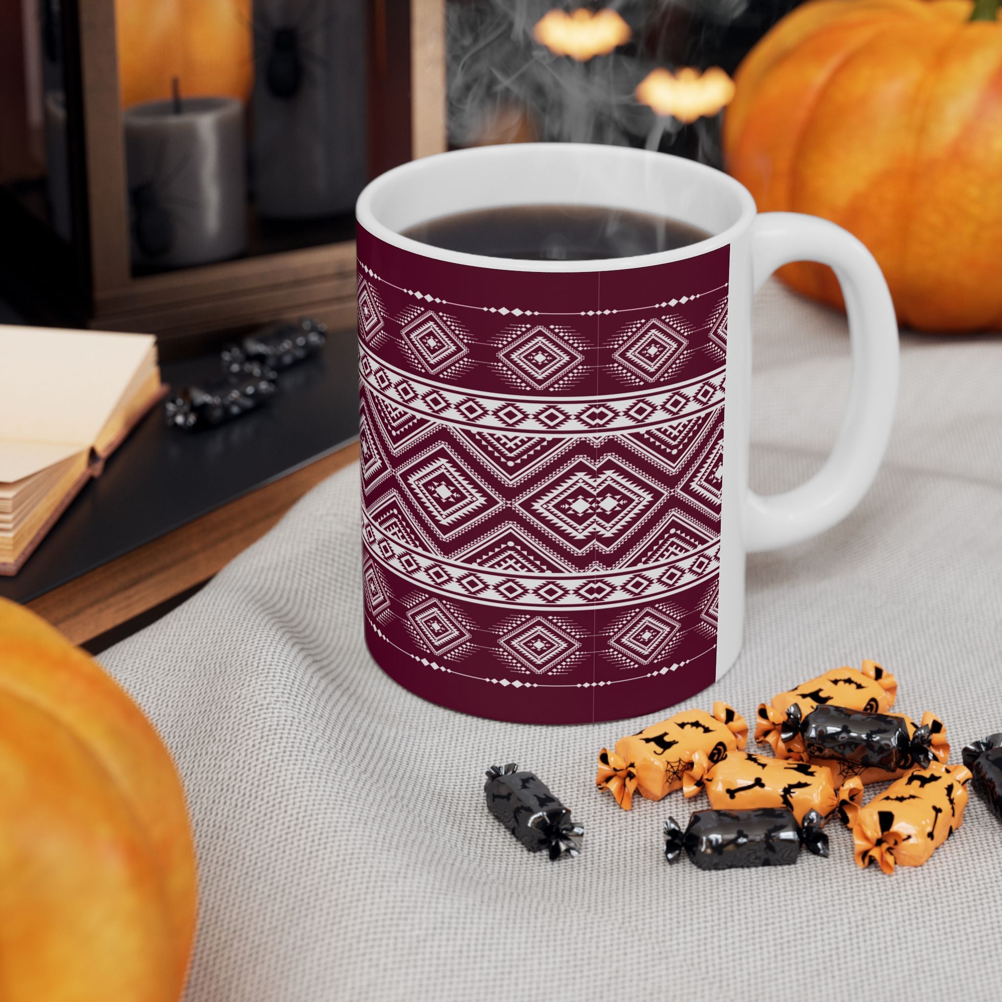 Maroon Aztec Pattern Ceramic Mug – Geometric Tribal Coffee Cup (11oz/15oz)