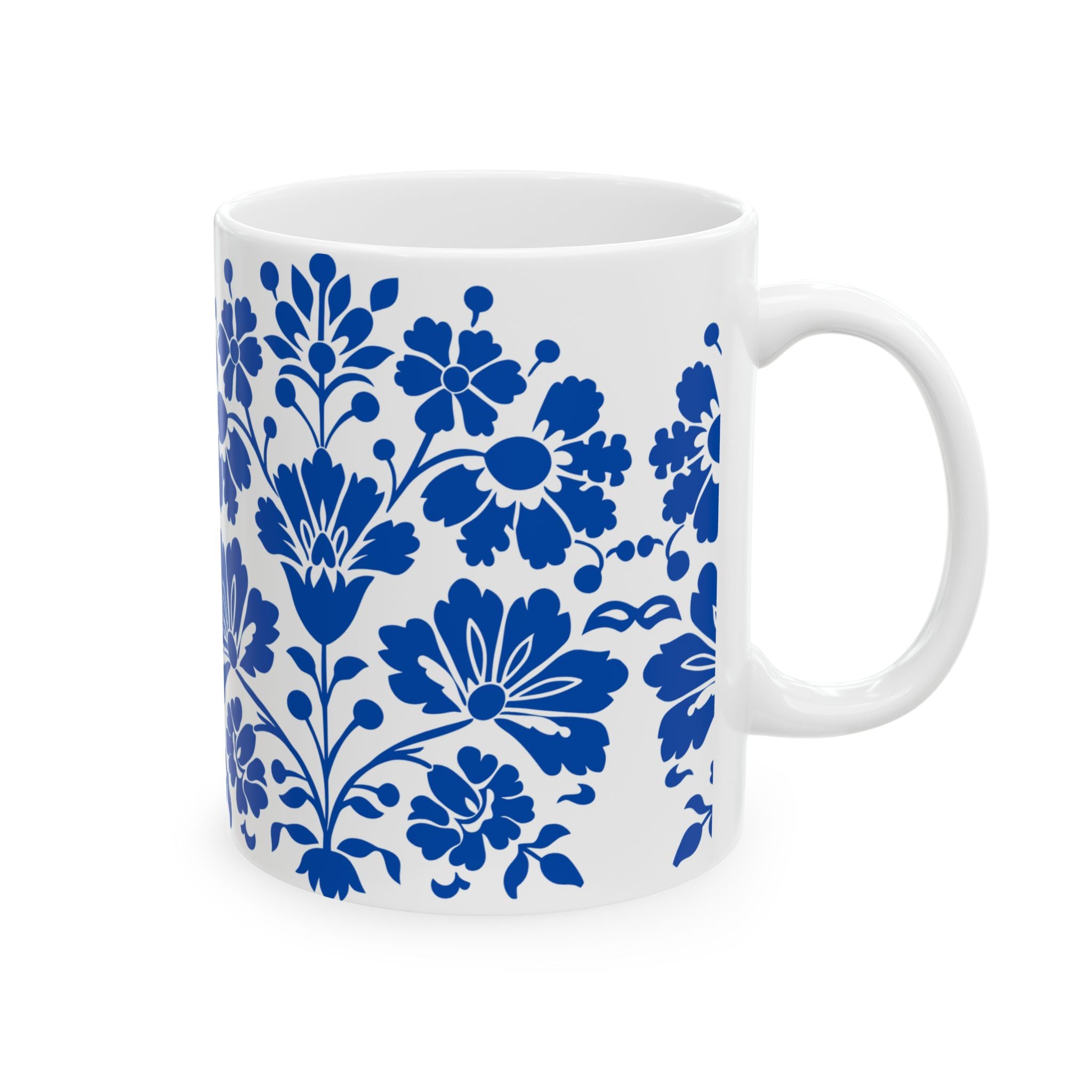 Blue Floral Ceramic Mug — Classic Delft-Style 11oz & 15oz Coffee Cup