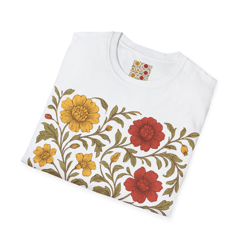 Floral Vintage Garden T-Shirt — Red & Mustard Blooms