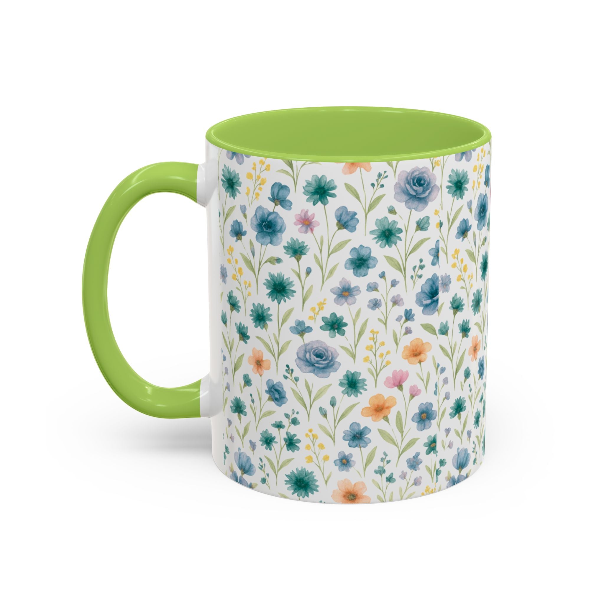 Floral Watercolor Accent Coffee Mug — Blue & Peach Wildflower Pattern (11/15oz)