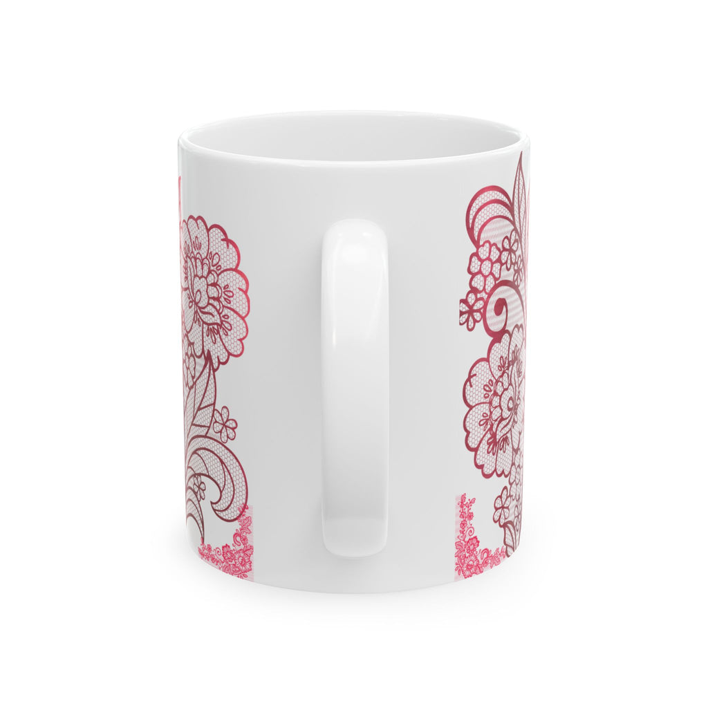 Floral Lace Red Ceramic Mug — Vintage Rose Pattern Coffee Cup (11oz & 15oz)