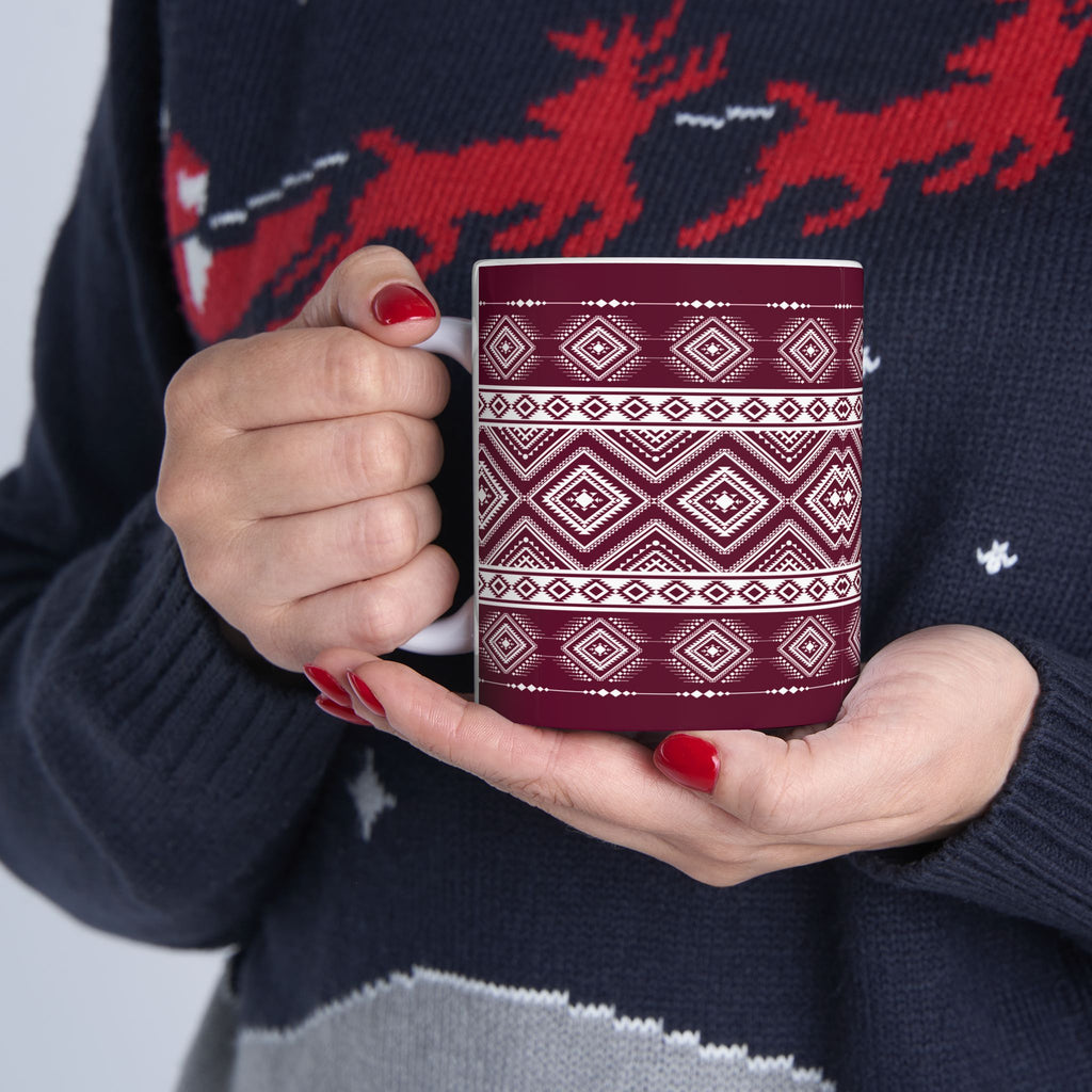 Maroon Aztec Pattern Ceramic Mug – Geometric Tribal Coffee Cup (11oz/15oz)