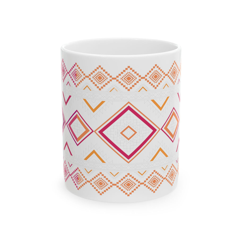 Boho Geo Pattern Ceramic Mug — Pink & Orange Tribal 11oz/15oz