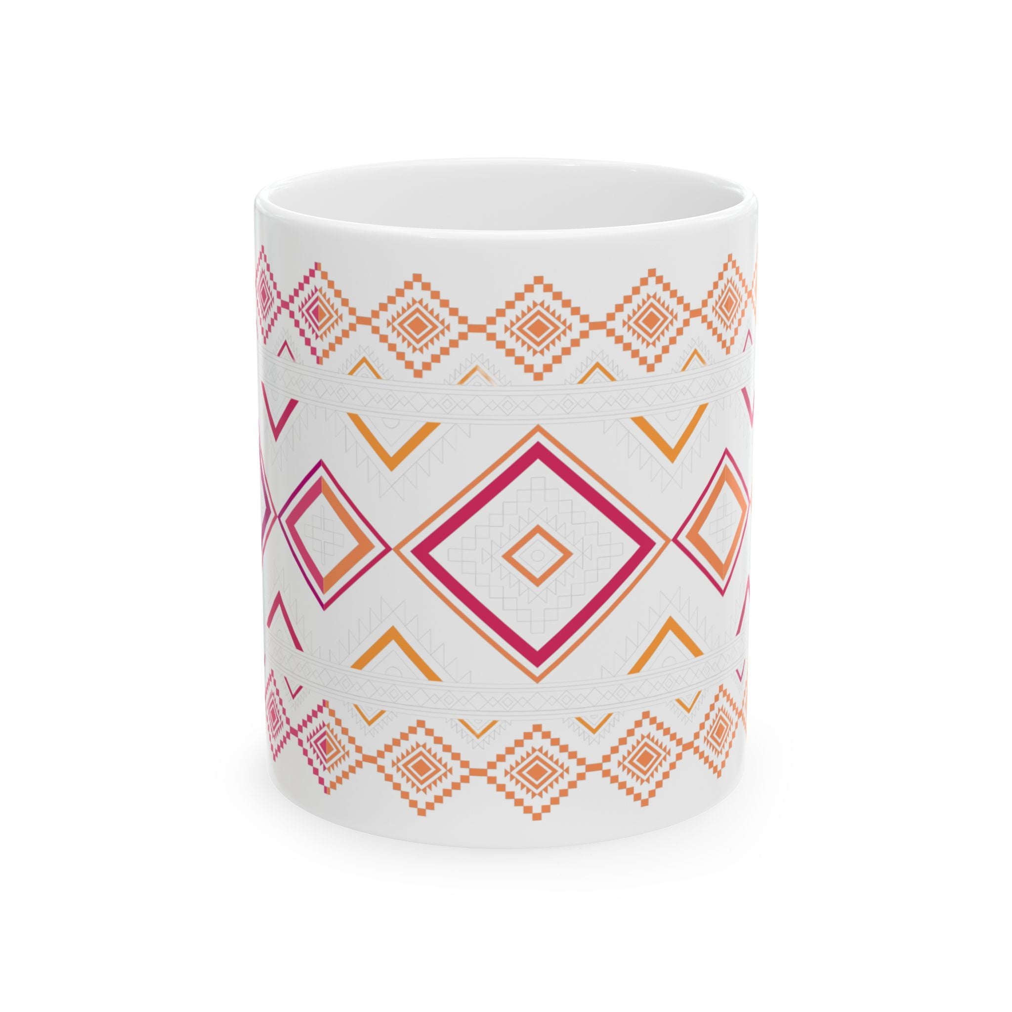Boho Geo Pattern Ceramic Mug — Pink & Orange Tribal 11oz/15oz