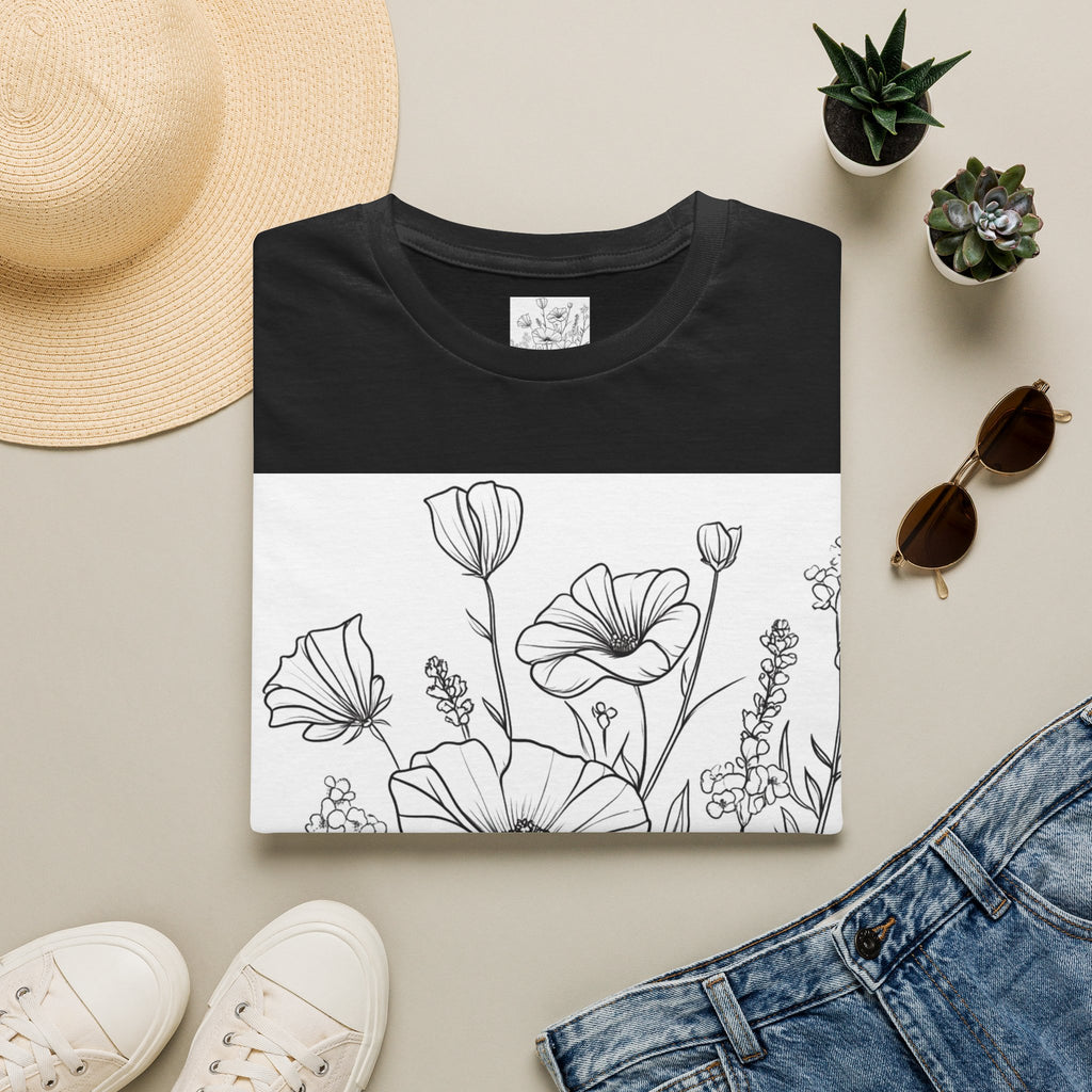 Floral Outline Tee — Black Line Poppy & Wildflower Graphic T-Shirt