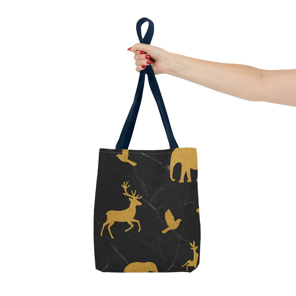 Gold Wildlife Pattern Tote Bag — Black Marble Deer & Elephant All-Over Print