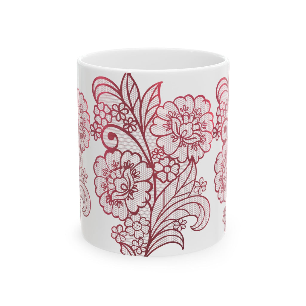 Floral Lace Red Ceramic Mug — Vintage Rose Pattern Coffee Cup (11oz & 15oz)