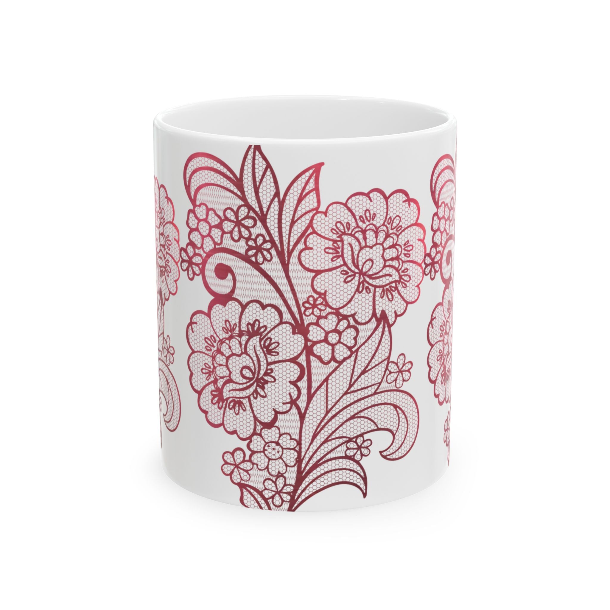 Floral Lace Red Ceramic Mug — Vintage Rose Pattern Coffee Cup (11oz & 15oz)