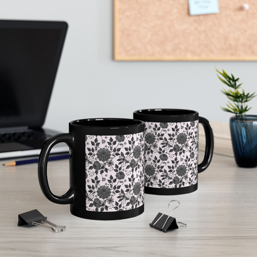 Black Floral Pattern Mug — Monochrome Vintage Flower Coffee Cup (11oz/15oz)
